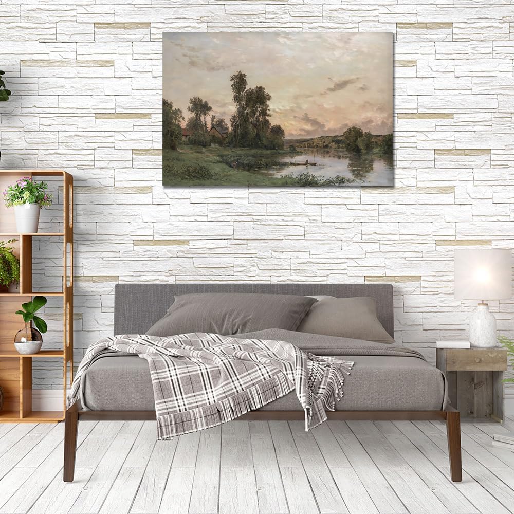 Pintura de paisaje vintage, arte de pared, decoración de habitación, impresionismo, pintura de paisaje tradicional, granja, lienzo, arte de paisaje