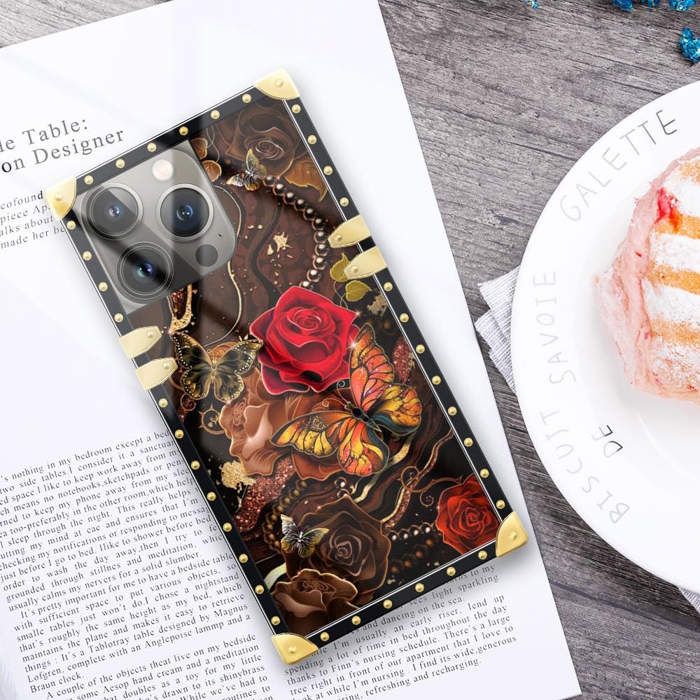 DAIZAG Funda compatible con iPhone 15 Pro Max, mariposa dorada de cártamo, para niñas y mujeres, decoración cuadrada de esquinas de metal,