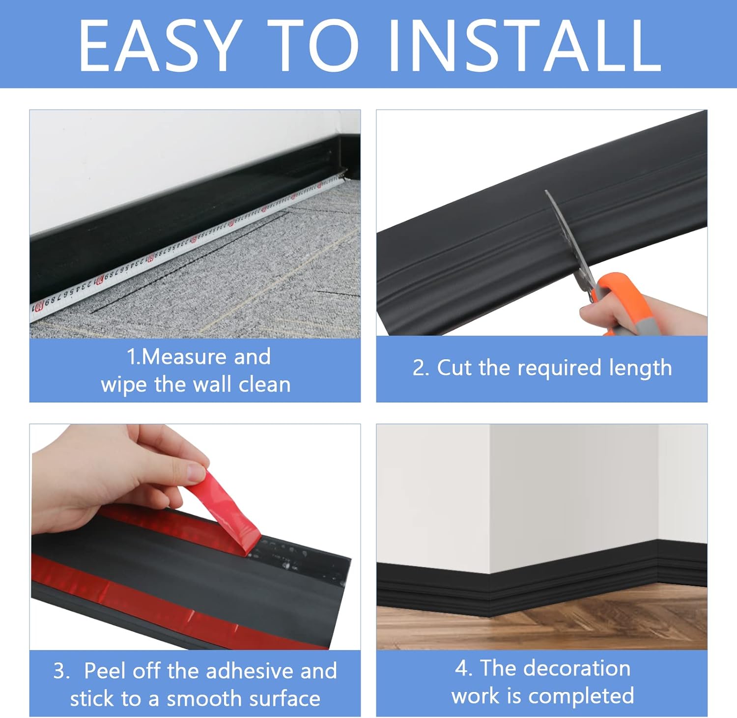 Moldura flexible de pared para base de pared para despegar y pegar, 4 pulgadas de ancho x 16.4 pies de largo, rodapiés de vinilo autoadhesivo para