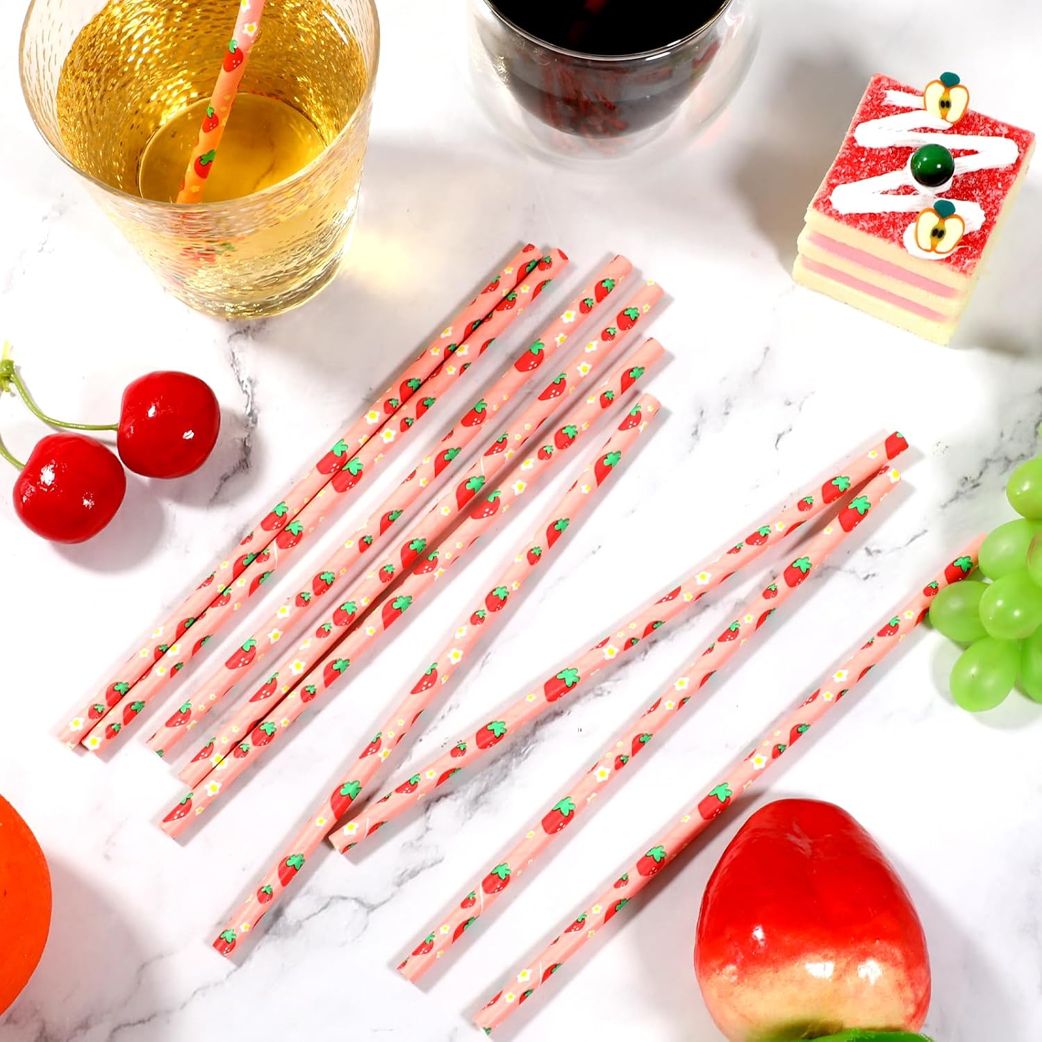 100 popotes de papel desechables para beber frutas, pajitas de fiesta de fresa, suministros de fiesta, pajitas de papel para suministros de fiesta