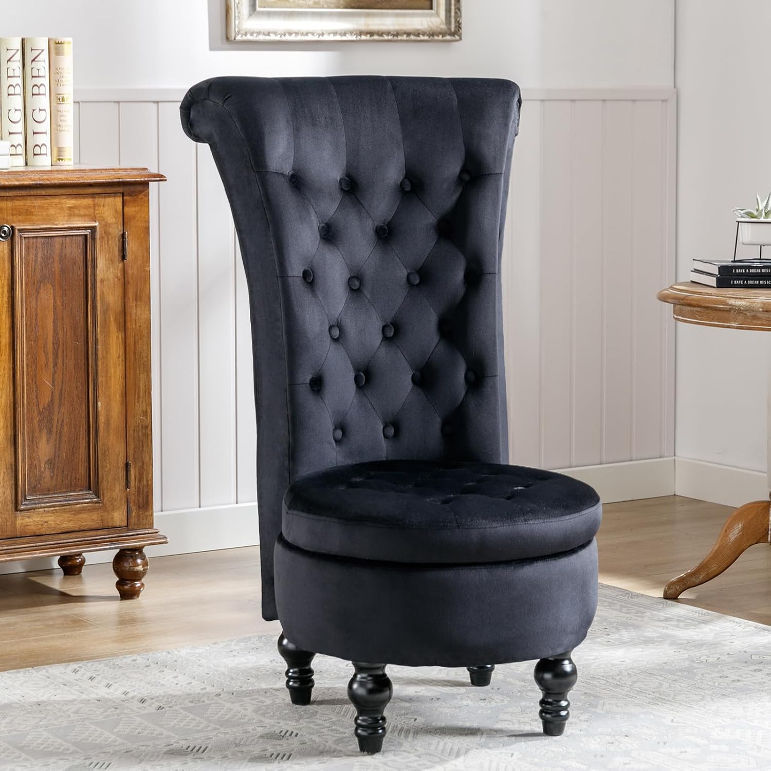 Icoget Silla gótica Queen of Thrones, silla de terciopelo negro con respaldo alto con botones acolchonados, silla decorativa sin brazos con espacio