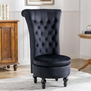 Icoget Silla gótica Queen of Thrones, silla de terciopelo negro con respaldo alto con botones acolchonados, silla decorativa sin brazos con espacio Icoget Silla gótica Queen of Thrones, silla de terciopelo negro con respaldo alto con botones acolchonados, silla decorativa sin brazos con espacio