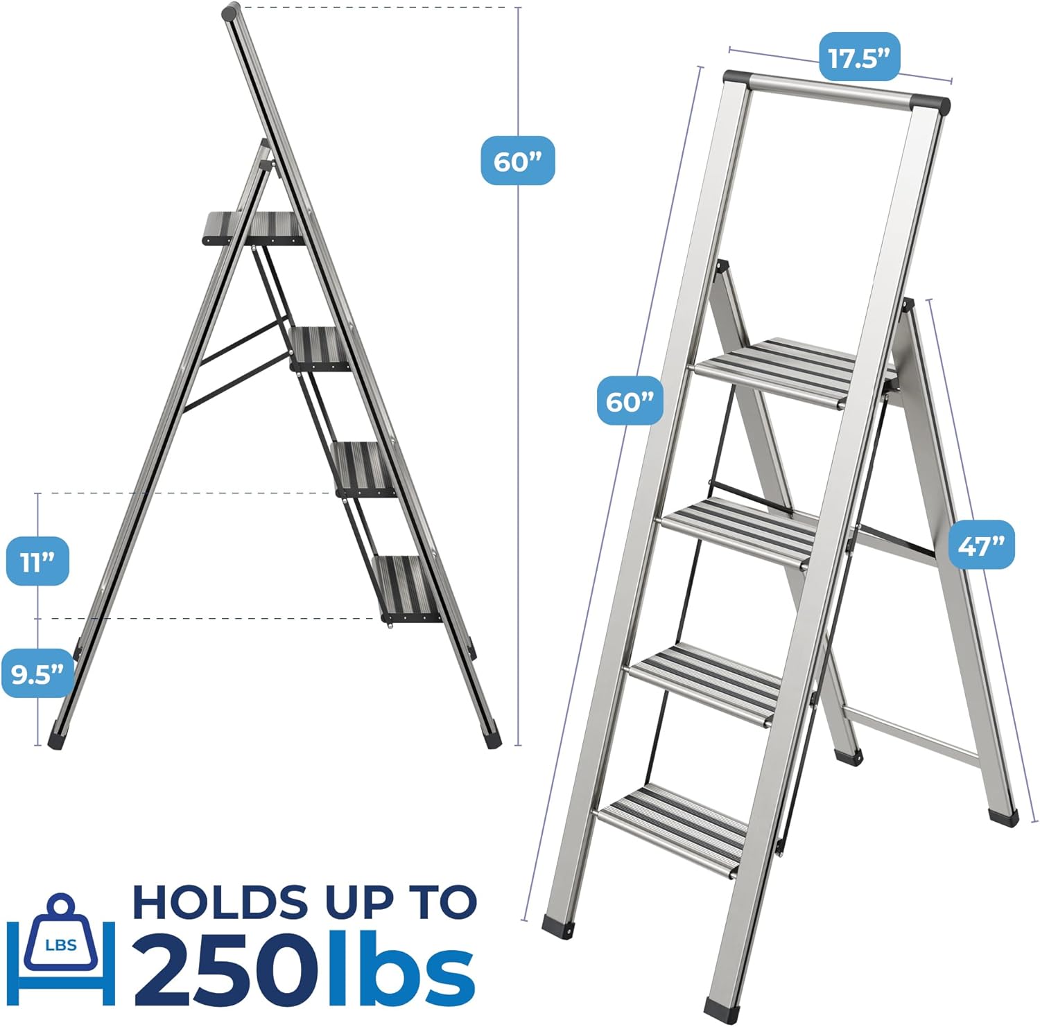 Escalera plegable de 4 escalones, decorativa, de aluminio moderno y hermoso, perfil ultra delgado, escalones antideslizantes, resistente y portátil