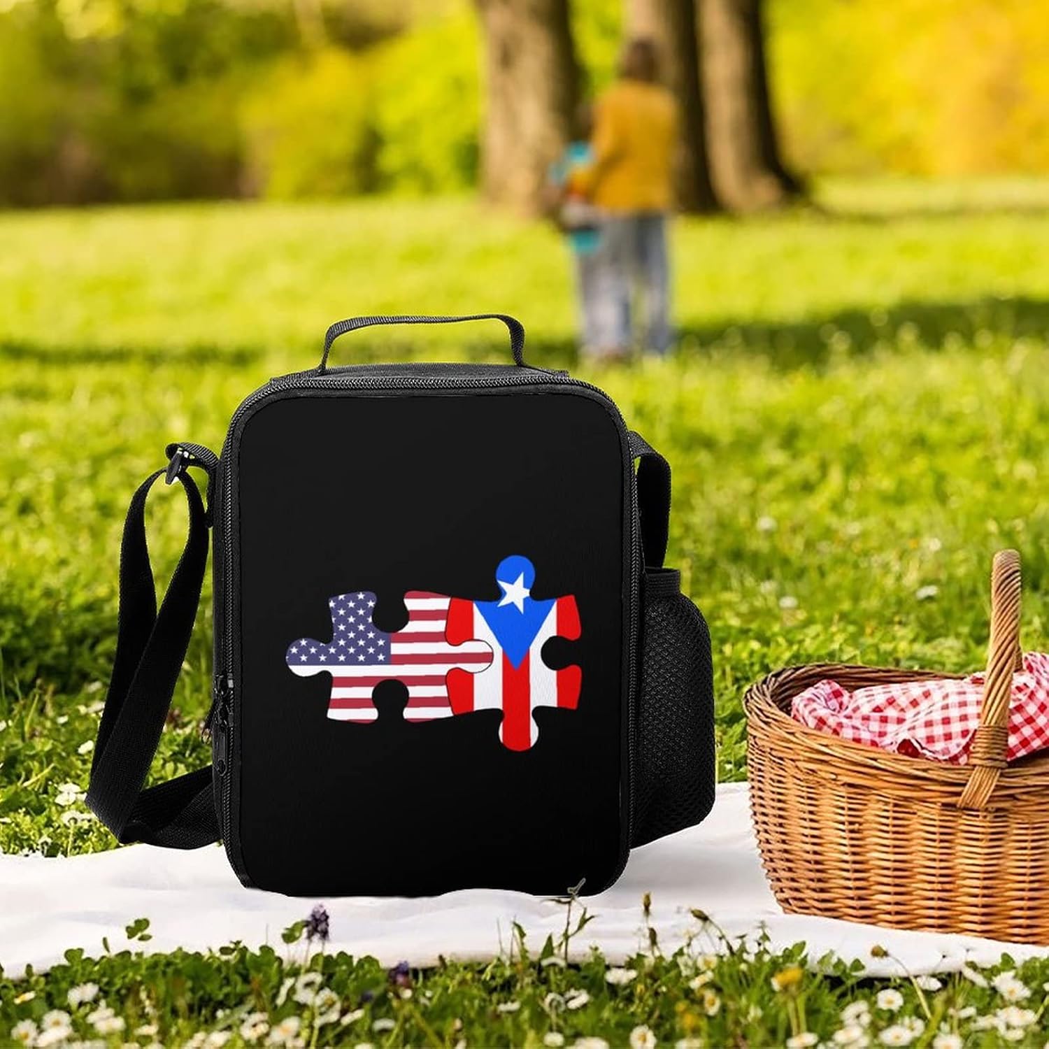 Bolsa de almuerzo portátil con diseño de bandera de Estados Unidos y Puerto Rico, con aislamiento térmico, conservación en frío, paquete de comida