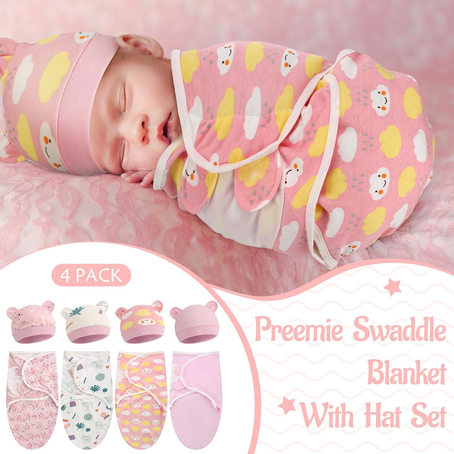 Buryeah Paquete de 4 mantas para bebé prematuro con gorro para bebés niños y niñas de 3 a 7 libras, ropa para recién nacidos, gorro para dormir,