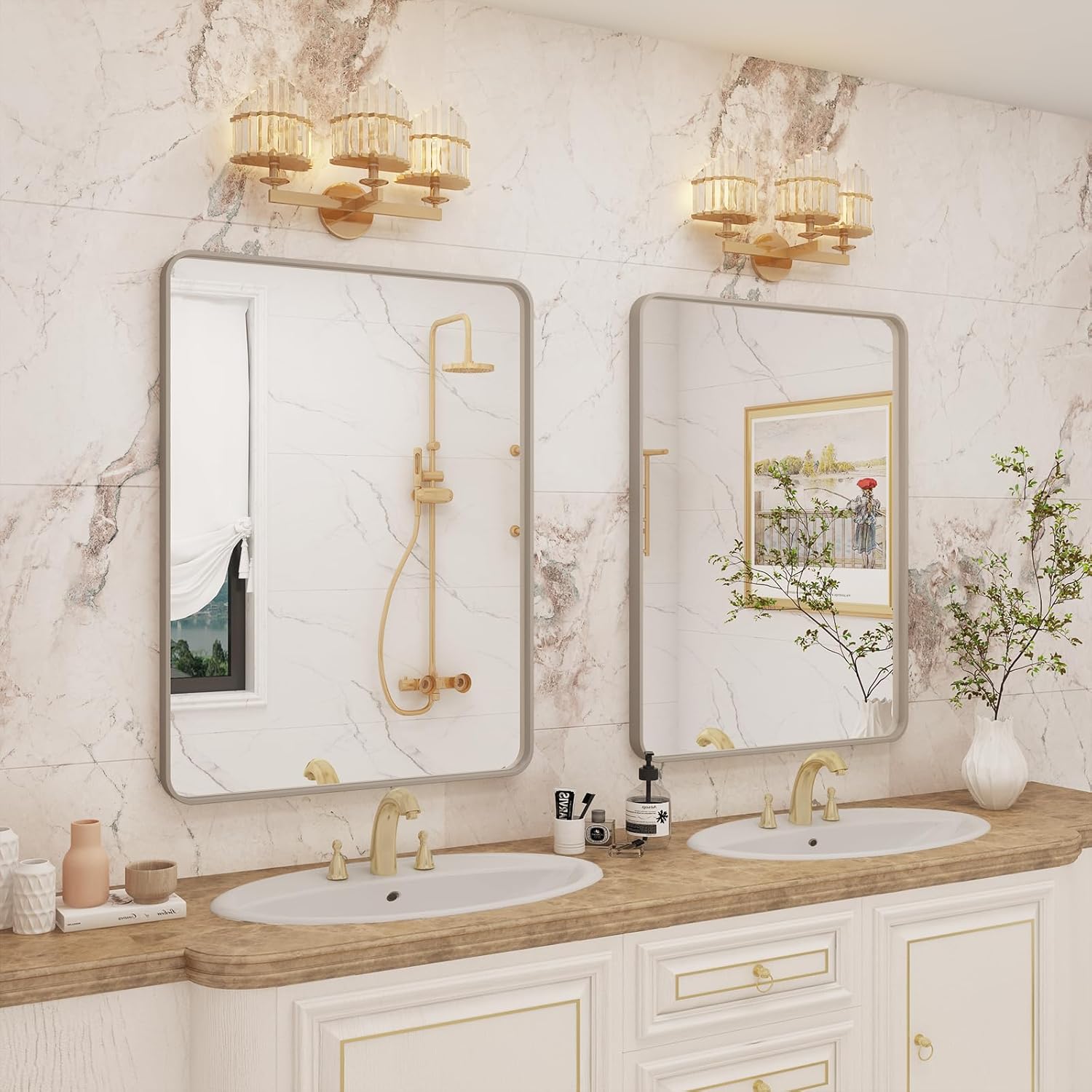 VANLIO Espejo de baño cepillado plateado, espejo con marco de metal plateado de 24 x 32 pulgadas para tocador, espejo de pared moderno rectangular