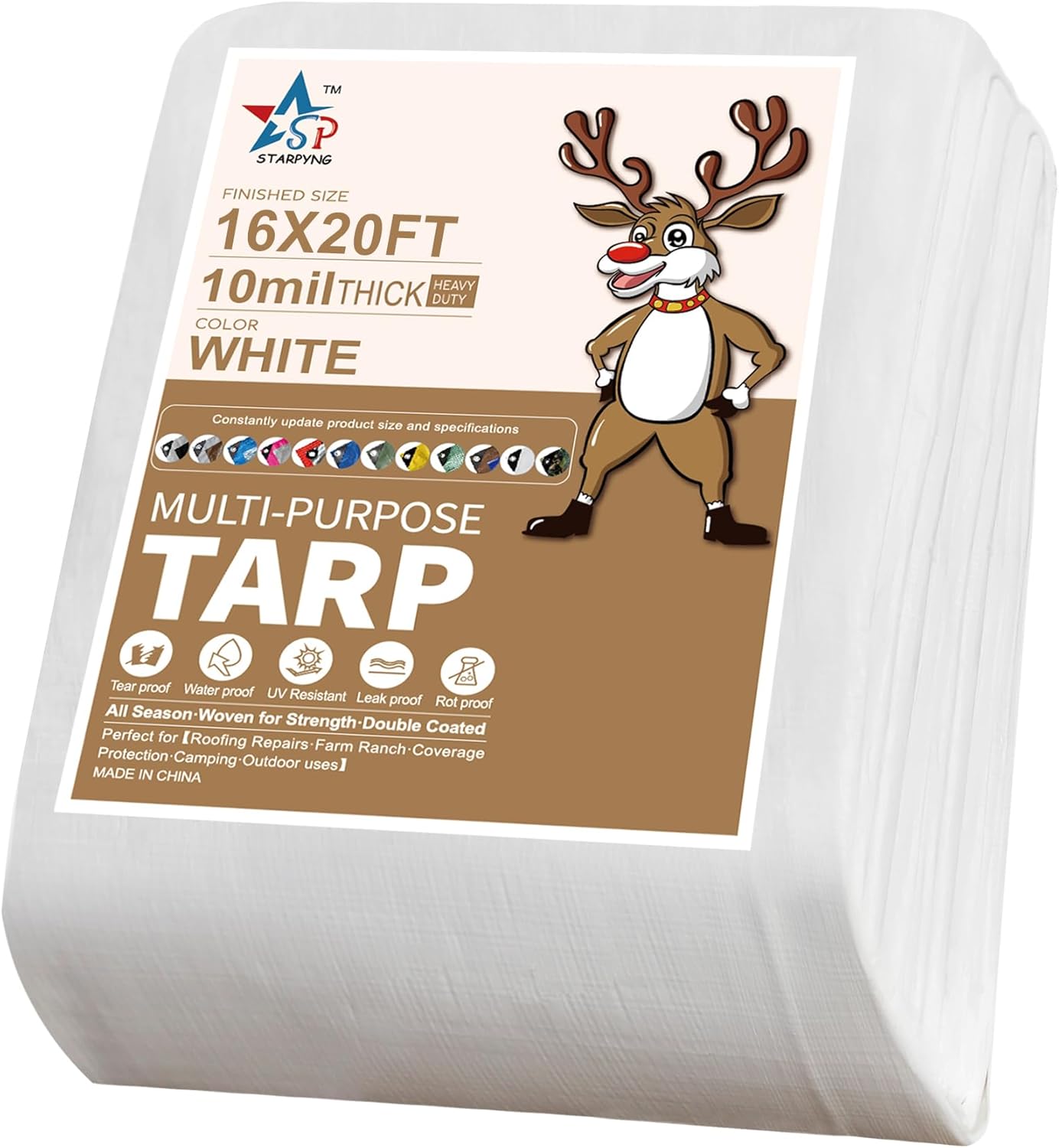 Cubierta de lona de polietileno blanco resistente de 0.394 in – Gruesa impermeable, resistente a los rayos UV, duradera, resistente a la intemperie,