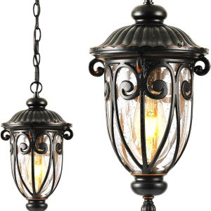 VIANIS Farol colgante para exteriores, lámpara de araña al aire libre de granja, luces colgantes vintage al aire libre con vidrio semilla, luces de VIANIS Farol colgante para exteriores, lámpara de araña al aire libre de granja, luces colgantes vintage al aire libre con vidrio semilla, luces de