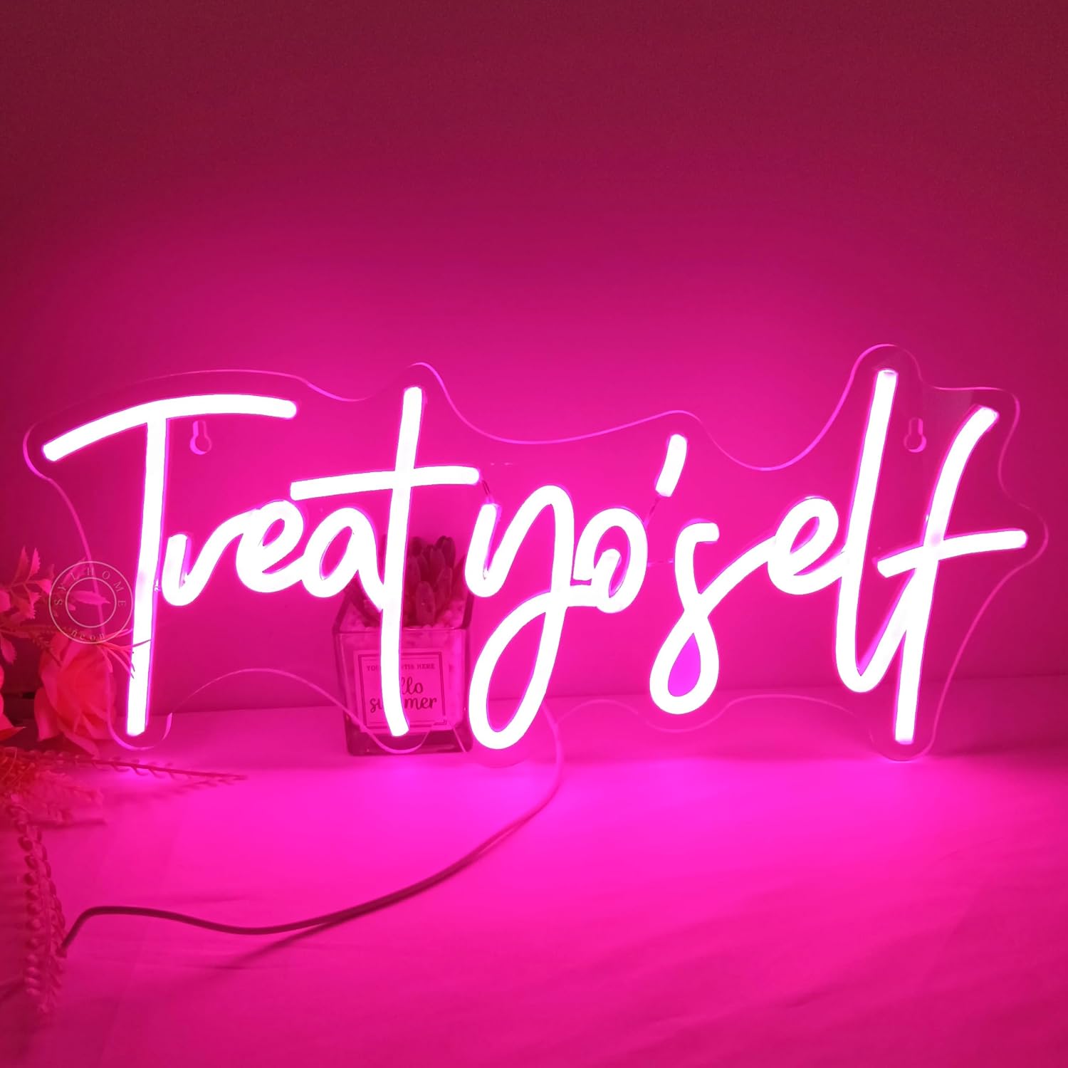 Letrero de luz LED de neón rosa con texto en inglés “Treat Yourself”, para dormitorio, habitación de los niños, sala de estar, decoración de pared,