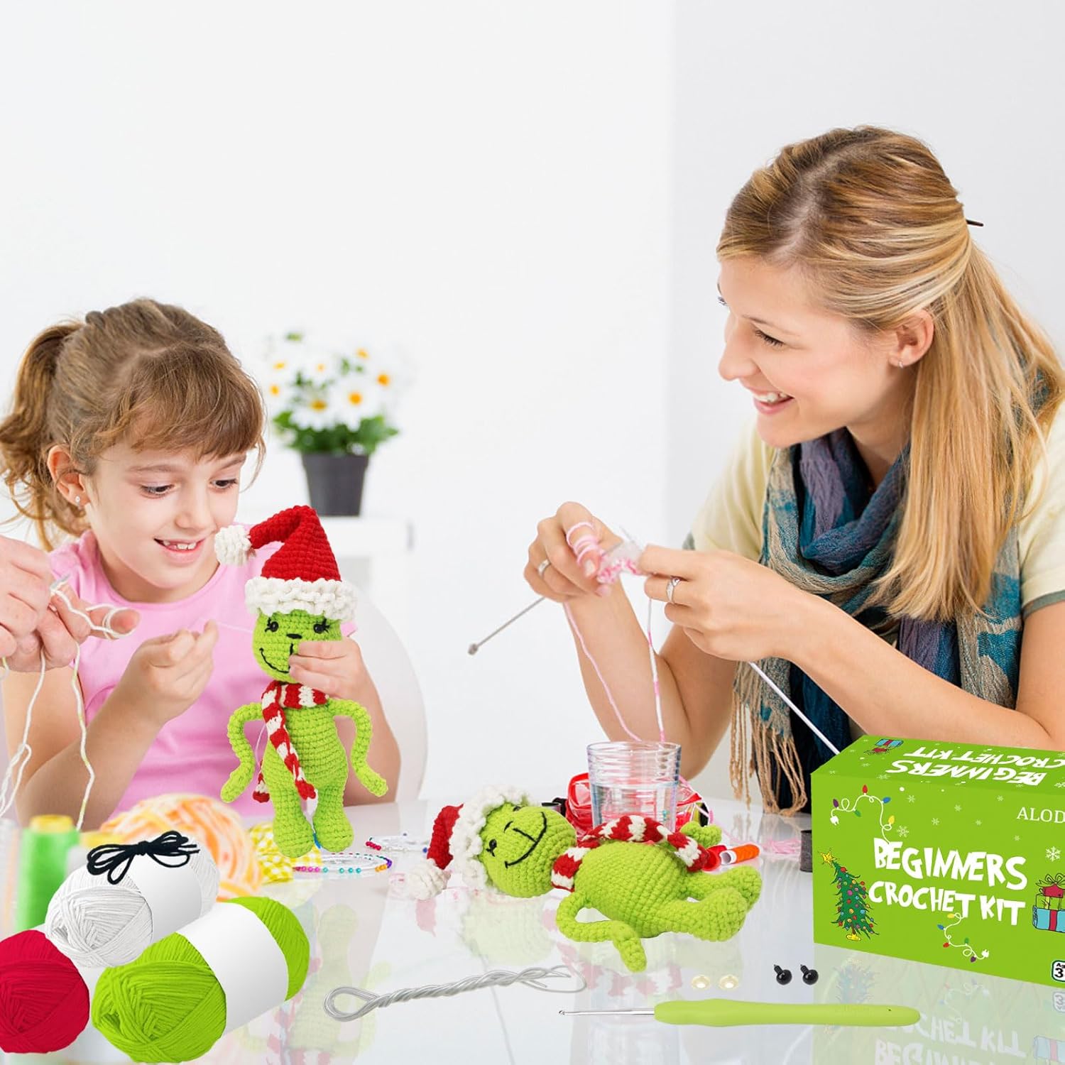 ALODNY Kit de ganchillo para principiantes, kit de ganchillo de Navidad para adultos principiantes, kits de tejer, ganchos, juego de hilo con