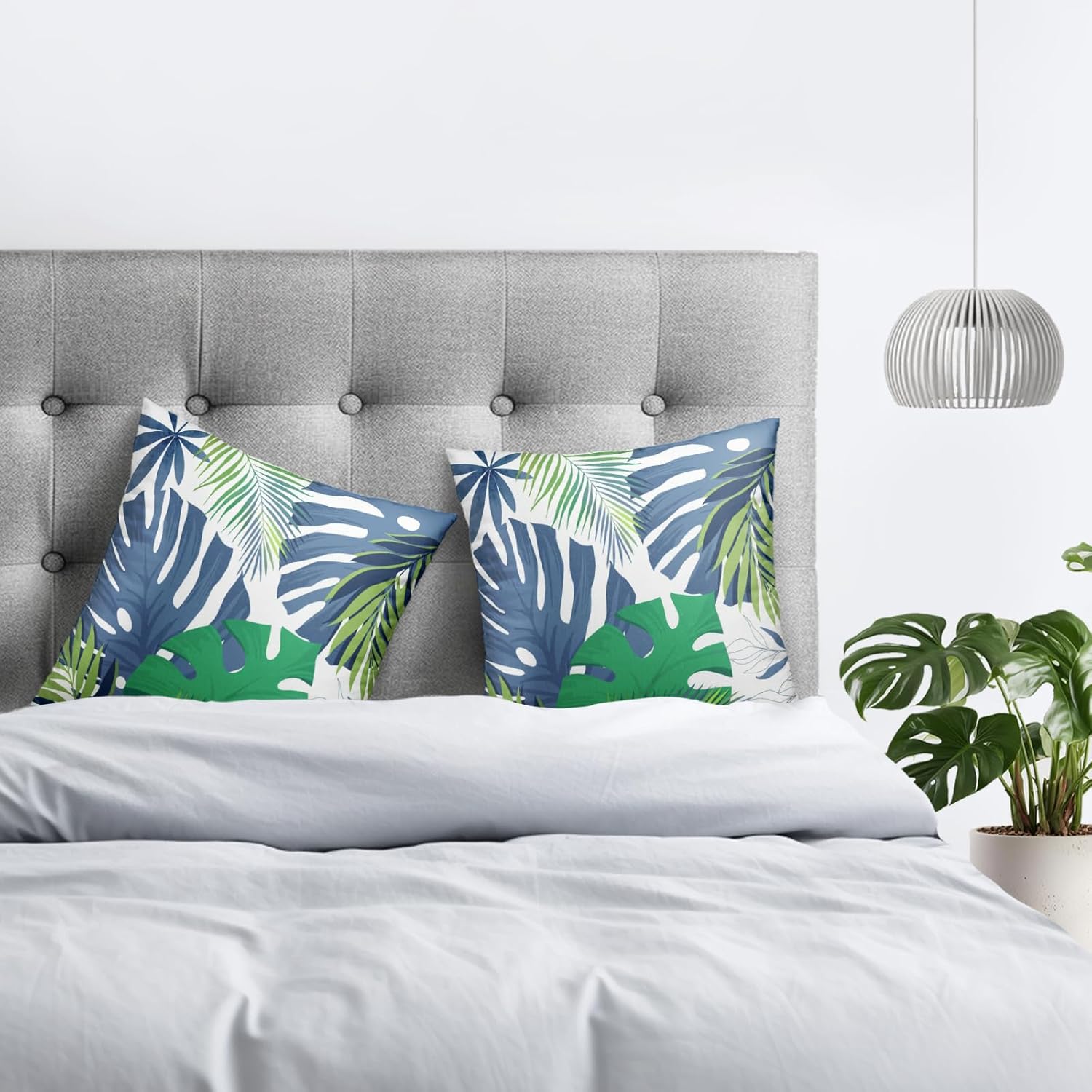 Juego de 2 fundas de almohada de hojas tropicales de 18 x 18 pulgadas, fundas de almohada decorativas de verano con hojas de palmera azul y verde,