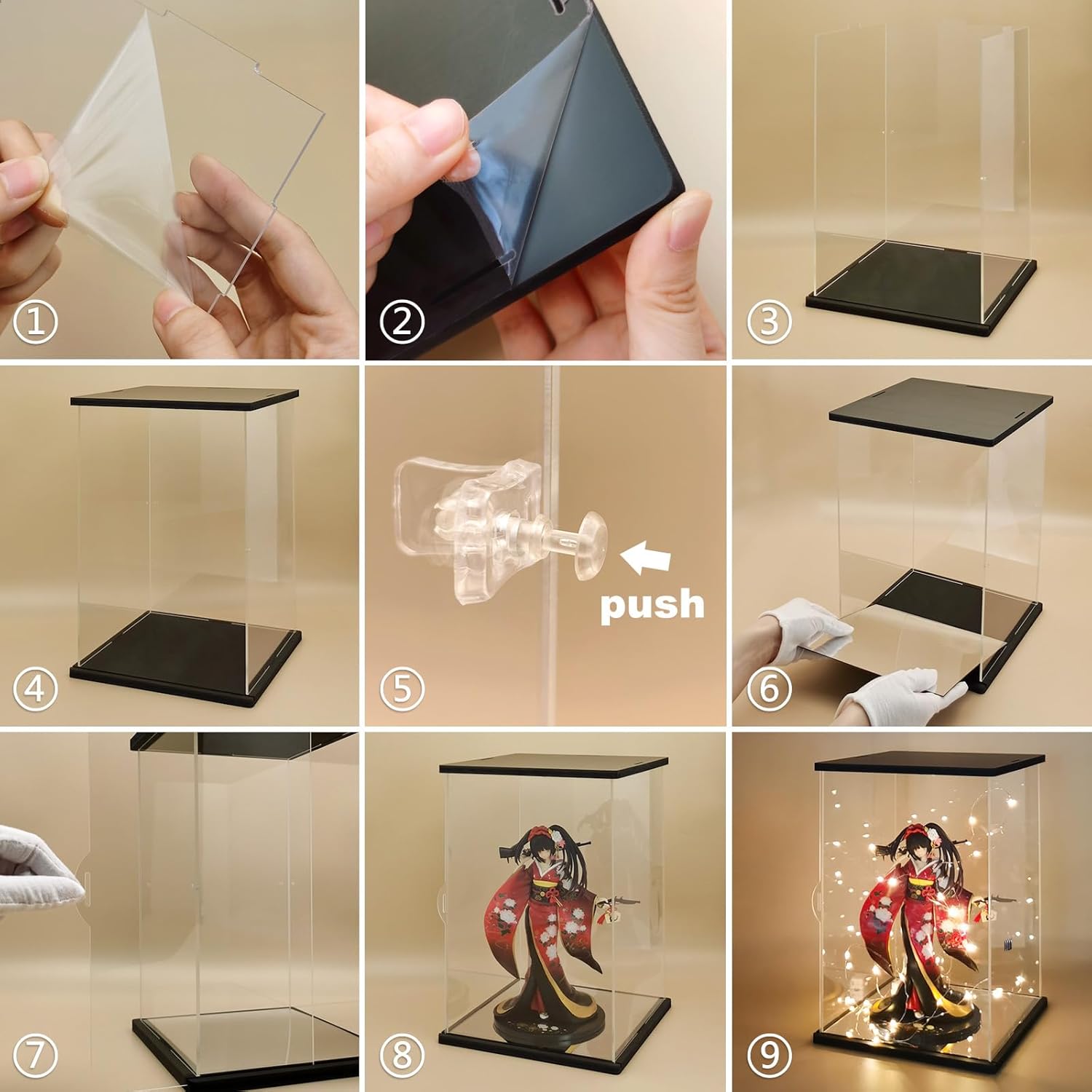 NONEMEY Vitrina de acrílico transparente con dos tipos de luces para 1000% Pop Mart, modelo a prueba de polvo, caja organizadora, vitrina para