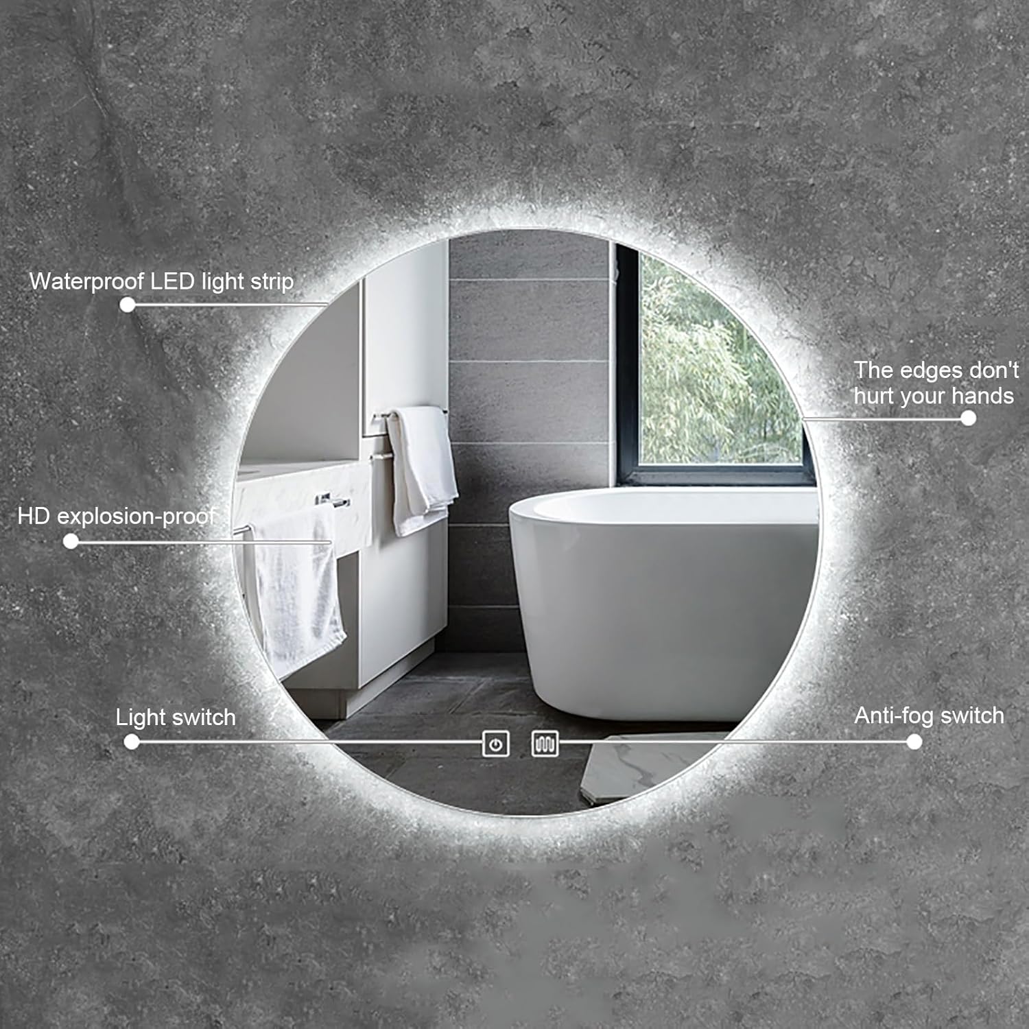 Espejo de baño, espejo de pared redondo, espejo de tocador montado en la pared para baño, espejo colgante con luces, función antivaho (color blanco,