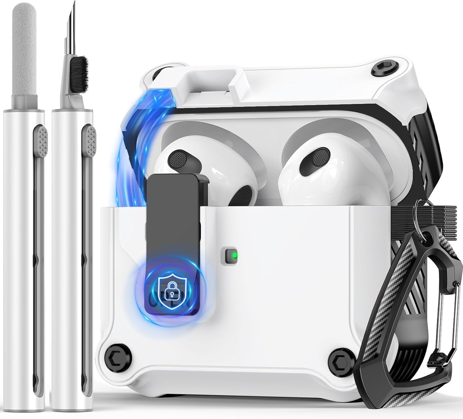 Funda compatible con AirPods de 3 generación con kit de limpieza, protección de clip de bloqueo seguro, diseño de interruptor a presión automático