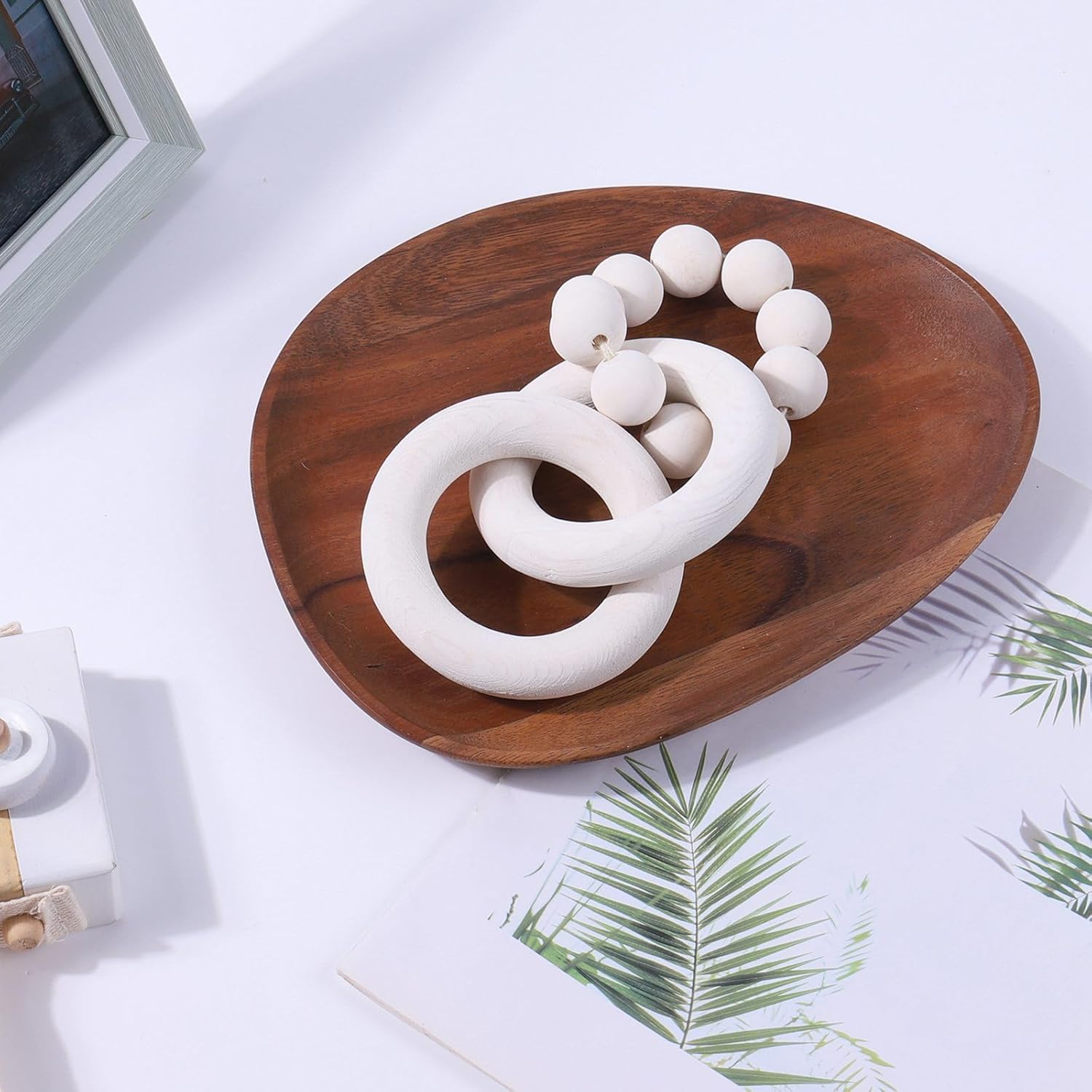 Decoración de eslabones de madera (nudo de madera de 2 eslabones y cuentas de madera de granja), decoración de nudo de madera de 9 pulgadas,