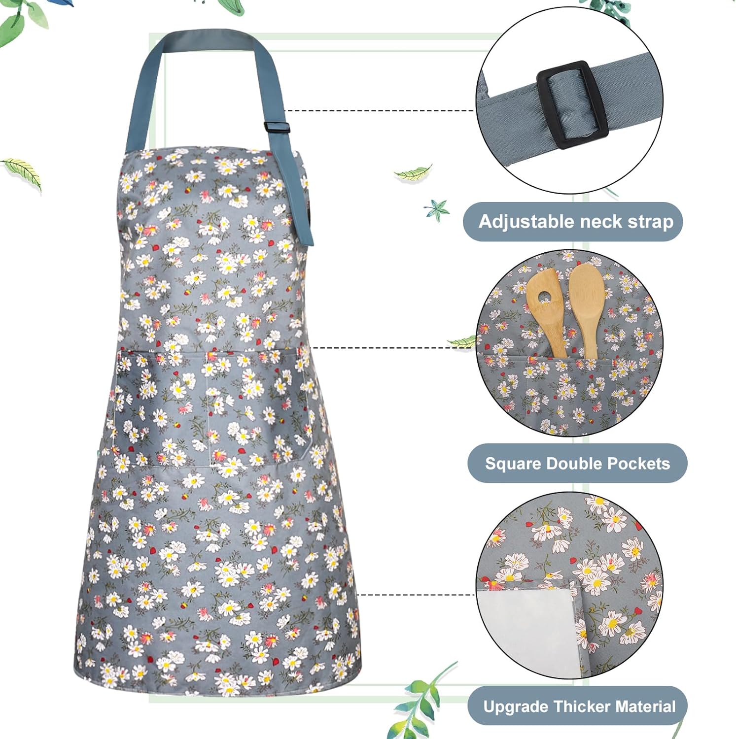 3 delantales florales Little Daisy, delantal impermeable para mujeres con bolsillos, delantal de cocina, delantal ajustable, delantal de chef suave