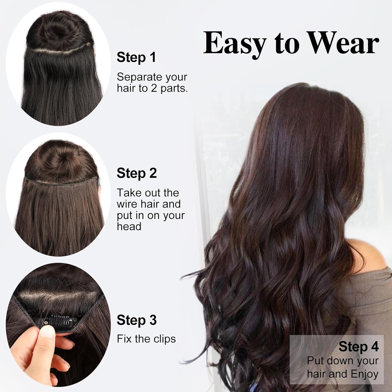 Extensiones de cabello con alambre invisible con 4 clips seguros, extensiones de cabello negro natural de 20 pulgadas con alambre transparente
