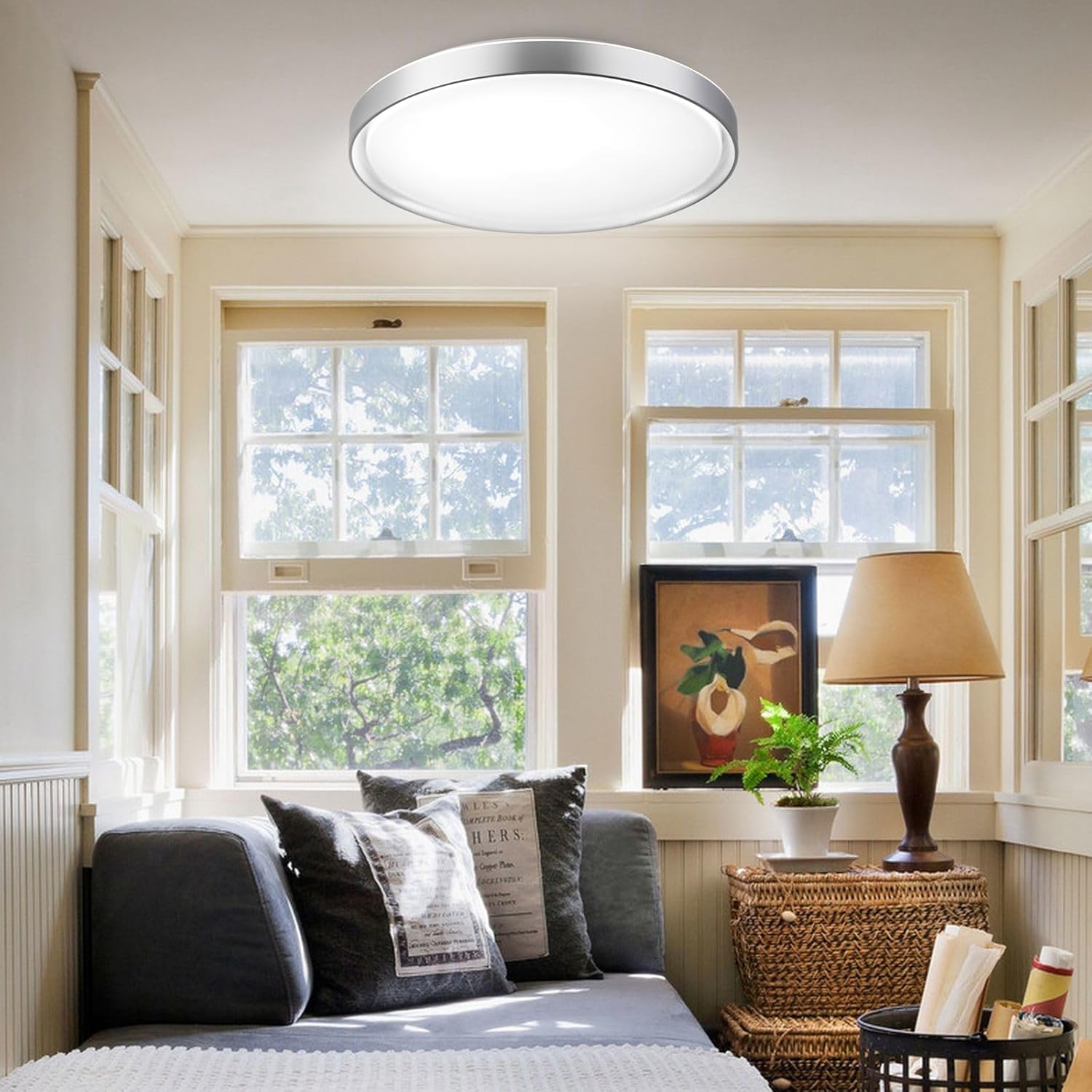DLLT – Lámpara de techo redonda de cristal de 45 W, moderna lámpara LED regulable cerca del techo, lámpara de techo plateada de 20 pulgadas para