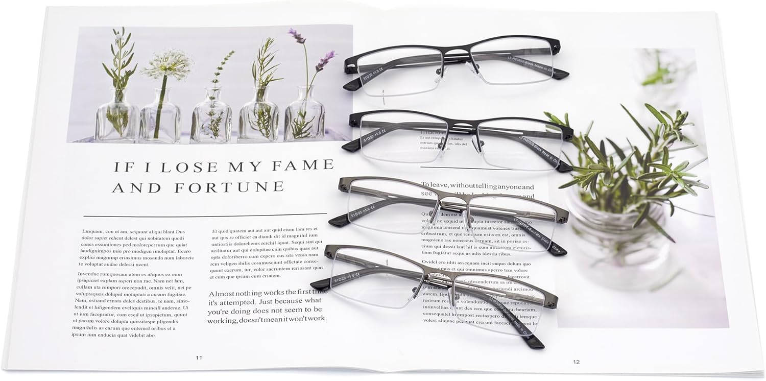 Gafas de lectura con luz azul para hombre, lentes de lectura de medio marco de metal, bisagra de resorte, lentes transparentes con bolsas
