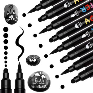 Tesquio Marcadores de pintura negra, paquete de 8 bolígrafos de pintura acrílica de doble punta con punta media y punta de pincel, ideal para Tesquio Marcadores de pintura negra, paquete de 8 bolígrafos de pintura acrílica de doble punta con punta media y punta de pincel, ideal para