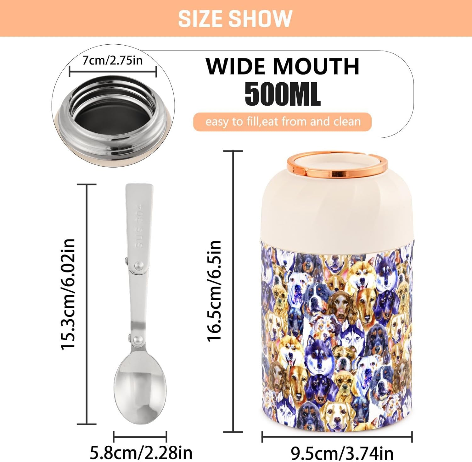 Acuarela Diferentes Perros Chihuahua Husky Corgi Shiba Tarro de comida con cuchara de acero inoxidable aislado al vacío Contenedor de alimentos de