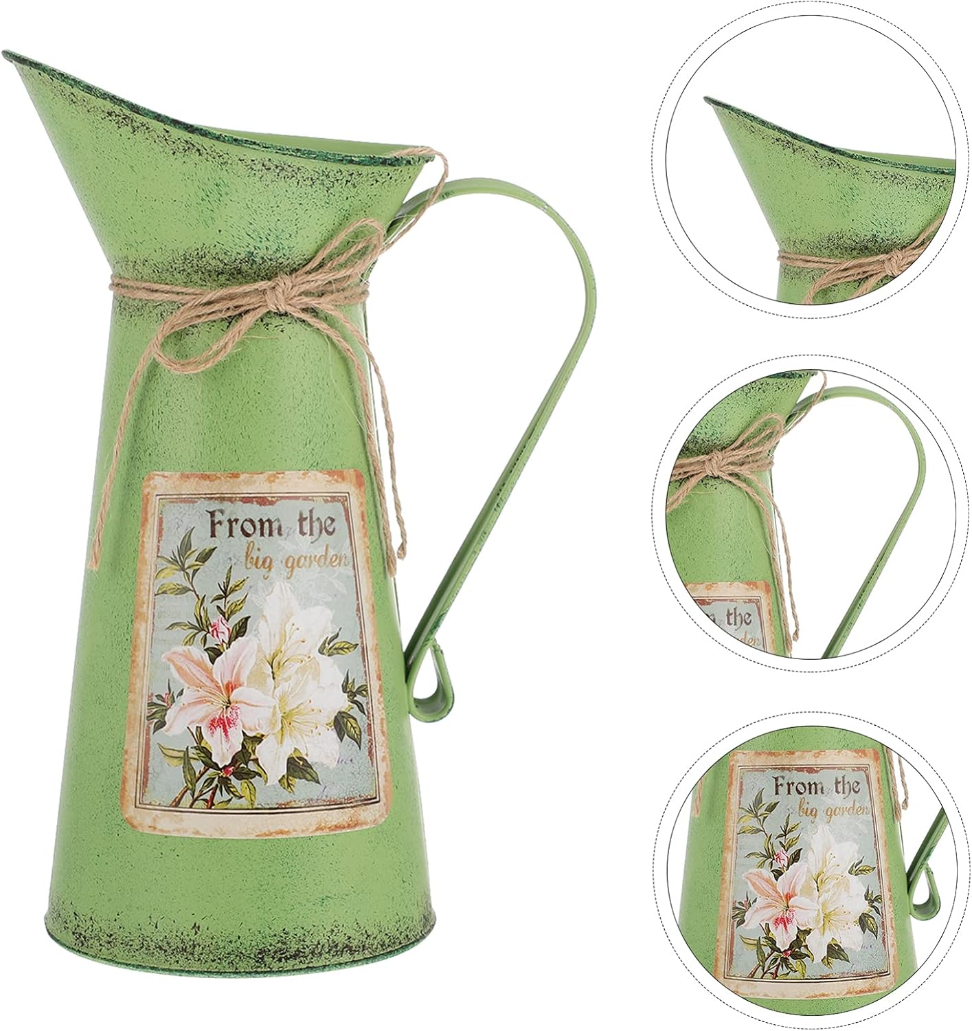 GANAZONO Cubo de flores rústico jarrón de flores Shabby Chic para regadera, color verde claro, jarra de metal para el hogar, granja, jarrón