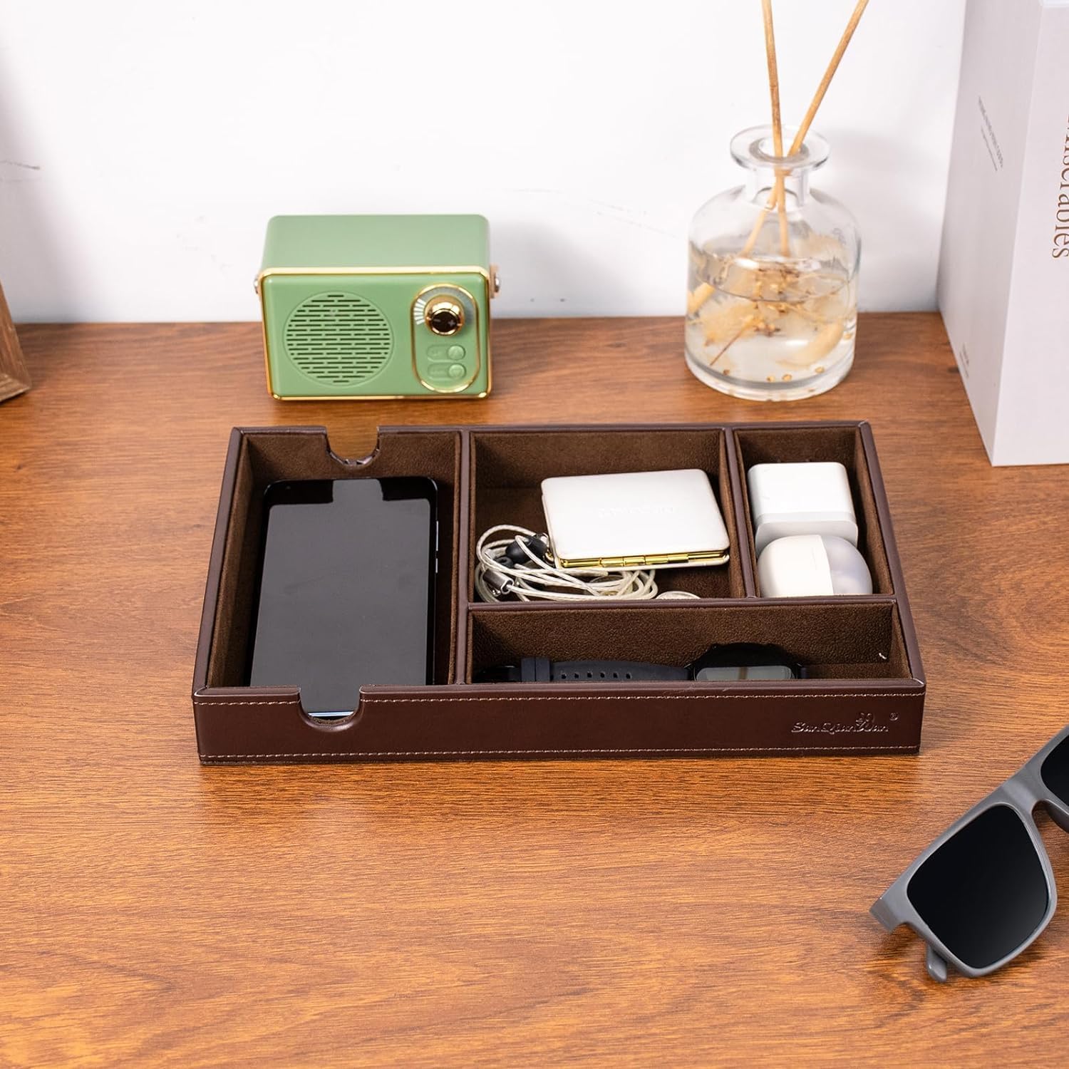 Bandeja de valet para hombre, para mesita de noche, mesita de noche y mesa de entrada, bandeja de cuero sintético para teléfono, reloj, gafas,