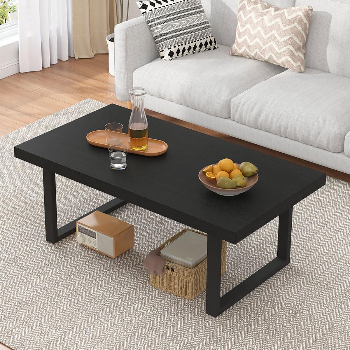 IBF Mesa auxiliar negra, mesa central de madera industrial minimalista, mesa rectangular moderna y sencilla para sala de estar, mesa de café de