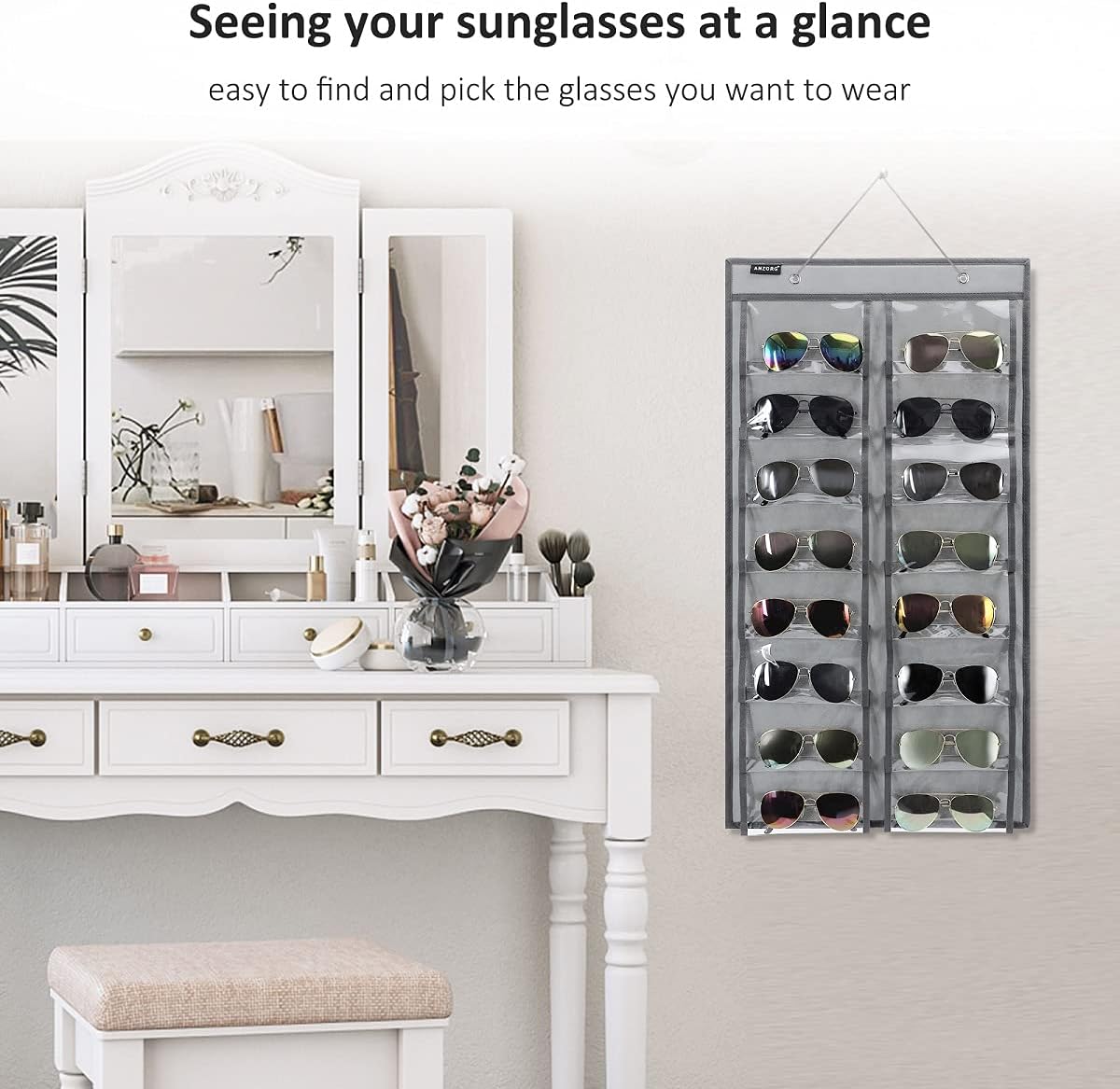 Organizador de lentes de sol para colgar sobre la puerta, con 16 bolsillos transparentes