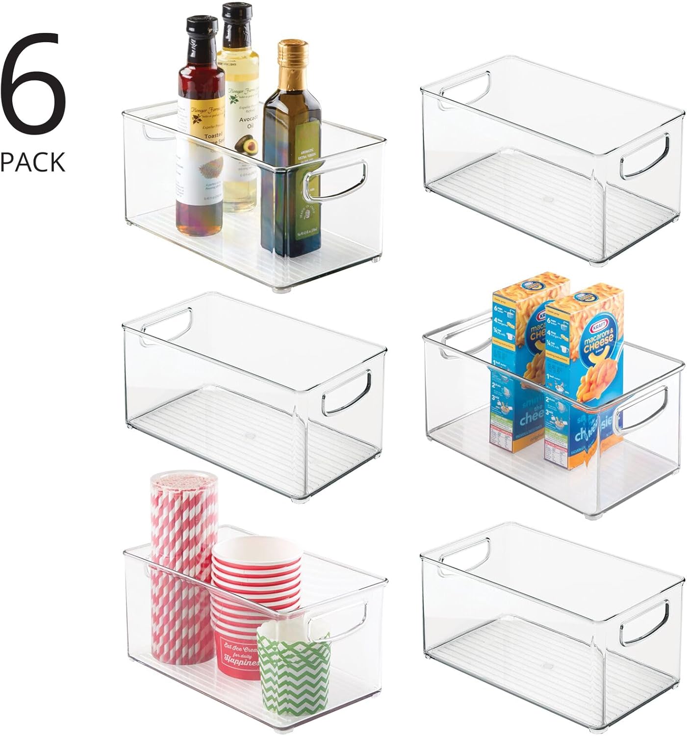 mDesign Organizador de cocina de plástico, contenedor de almacenamiento con asas para despensa, armario, armario, neveracongelador, estantes,