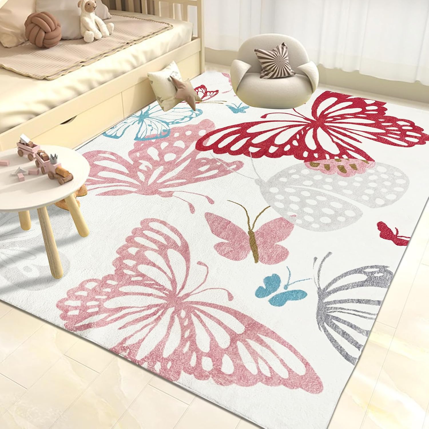 USTIDE Butterflys – Alfombra para niños, alfombra lavable de 55 x 78 pulgadas, alfombra antideslizante para habitación de niñas, habitación de