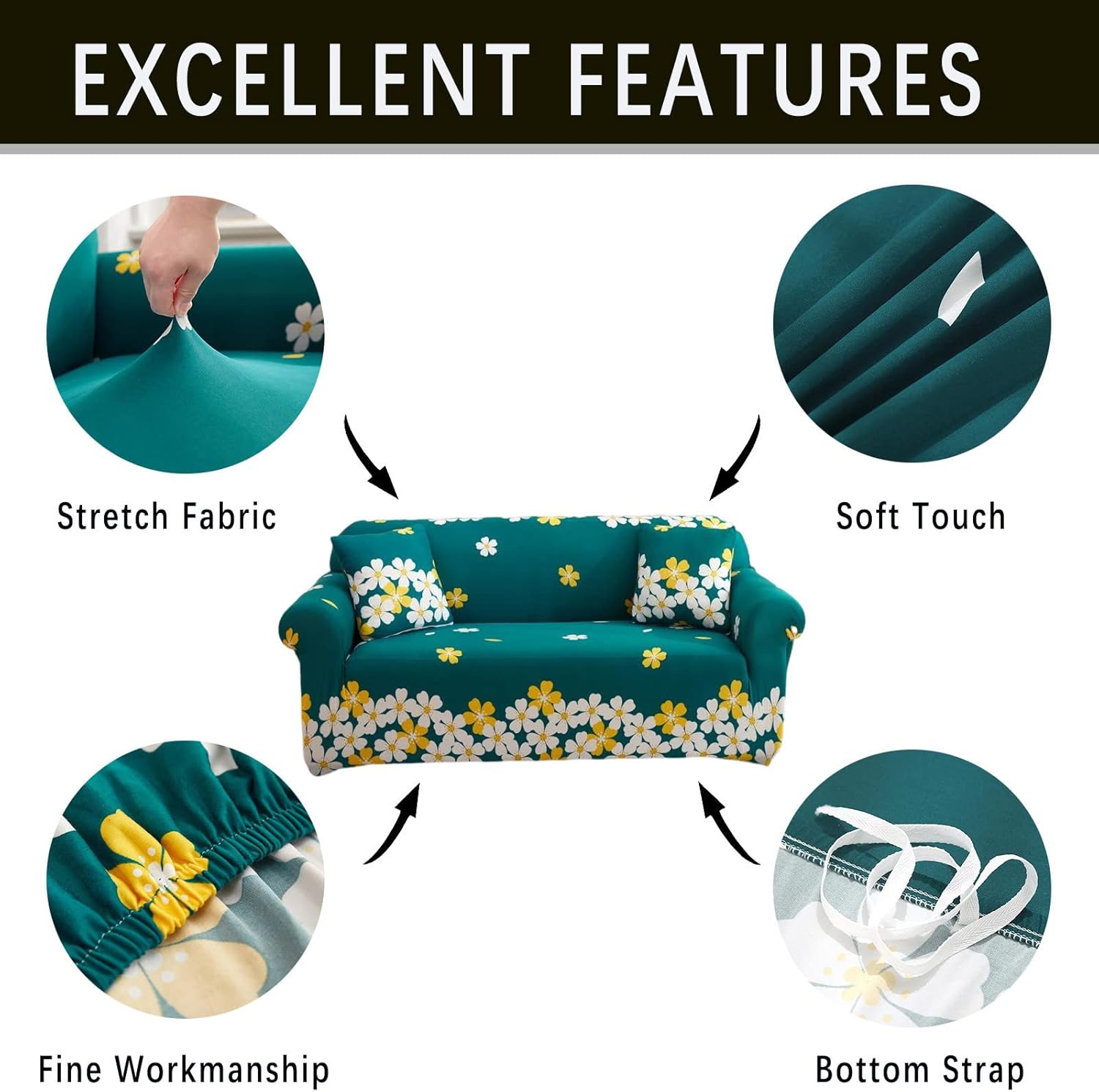 Funda elástica para sofá con estampado, con una funda de cojín separada para sofás de 3 cojines, protector universal de muebles (grande, verde