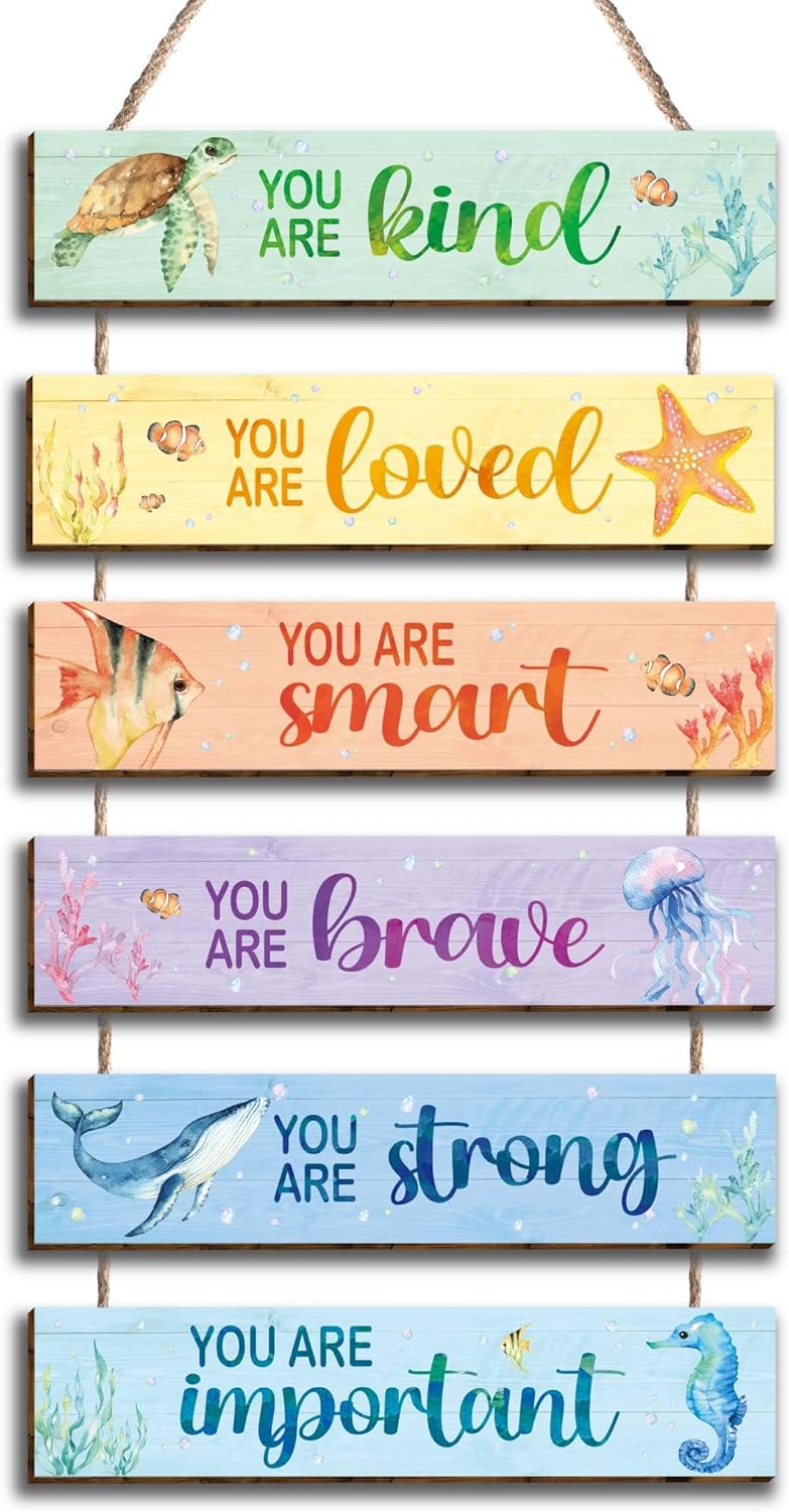 6 piezas de decoración de océano para habitación de niños, letrero colgante con acuarela, océano, citas positivas inspiradoras, decoración de pared