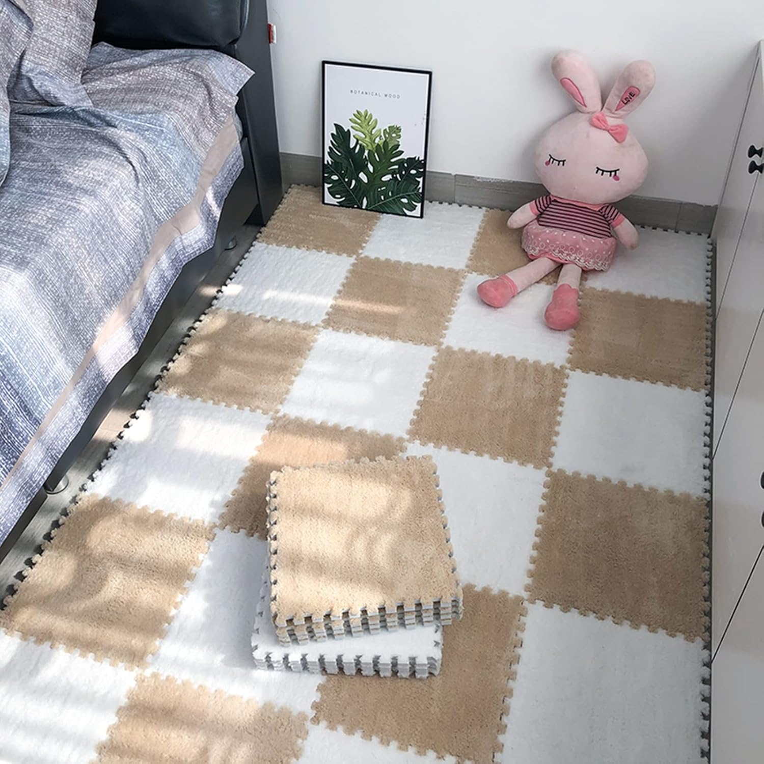 HSYFdy Azulejos de alfombra entrelazados suaves con borde, juego de alfombrillas cuadradas de espuma de felpa, alfombras de área de rompecabezas