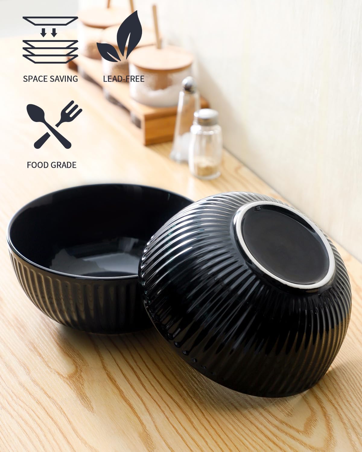 Hasense Juego de 2 cuencos grandes de porcelana de 65 onzas para ensalada de 8 pulgadas para cocina, comedor, elegantes platos de cerámica acanalada