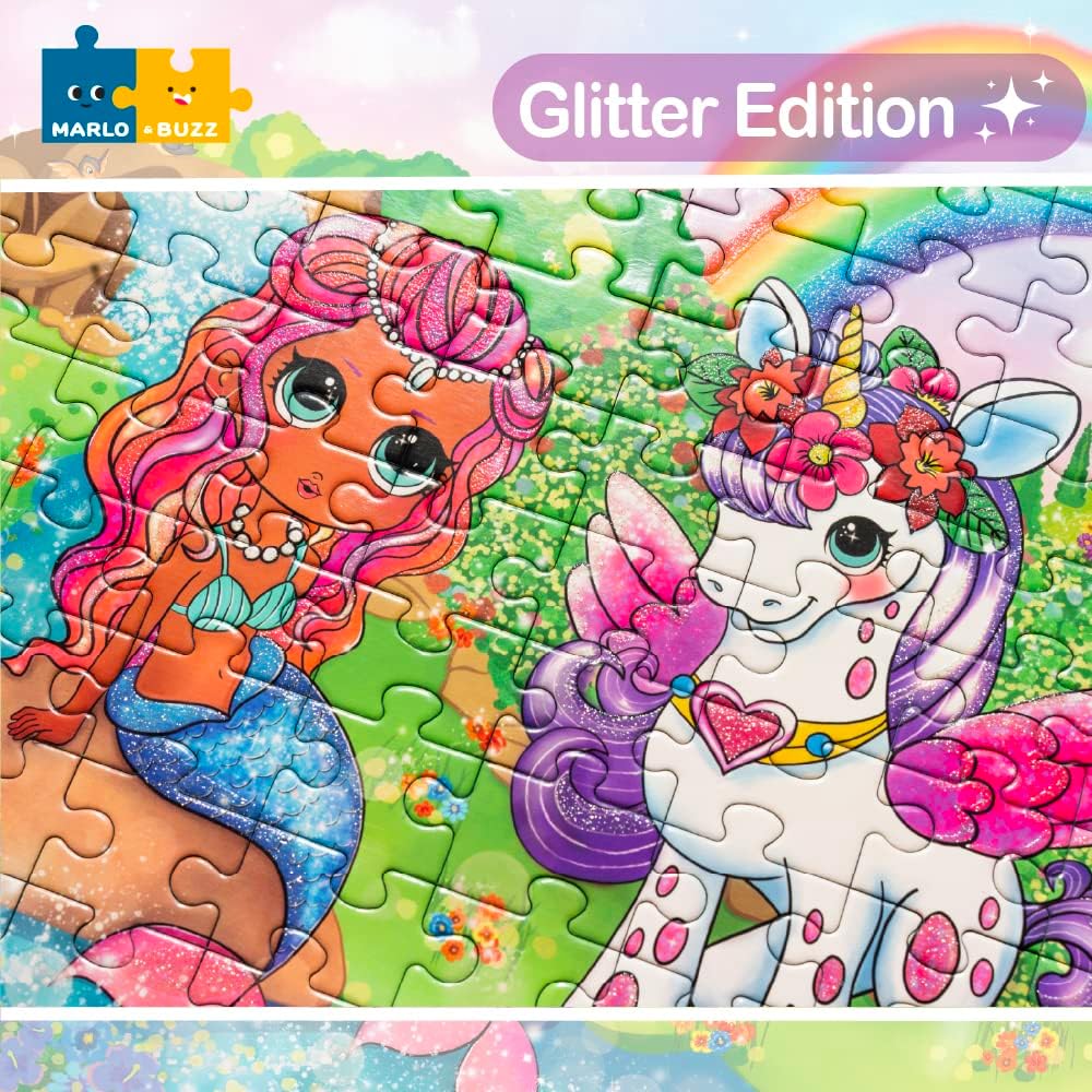 Marlo&Buzz – Rompecabezas con purpurina de 100 piezas rompecabezas de princesa unicornio y sirena diseñados para niños de 4 a 8 años. Piezas grandes