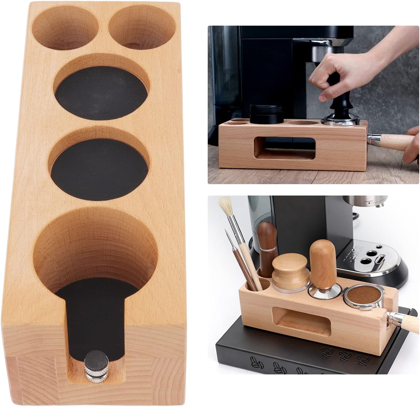Soporte para filtro de café de madera, estación de tampón de café de madera con alfombrilla de madera para expreso, base de madera para cafeterías y