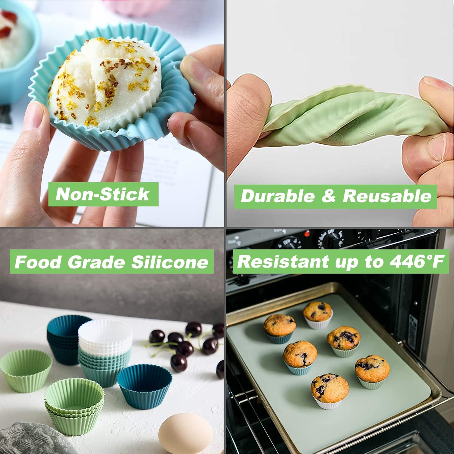 Suuker Tazas de silicona para hornear, forros reutilizables para magdalenas, juego de moldes antiadherentes para muffins, paquete Bento, divisores