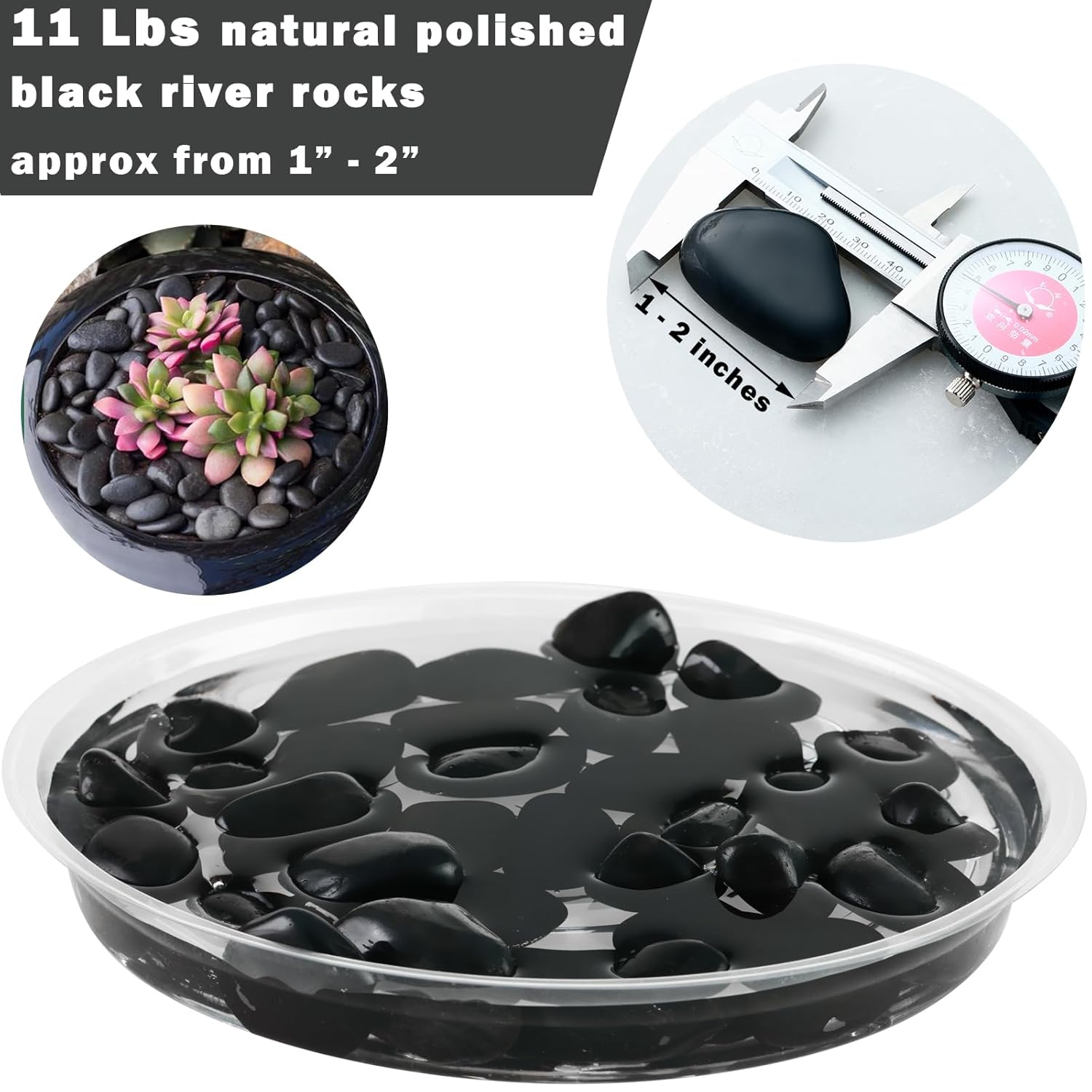 Rocas naturales de río para plantas de 1 a 2 pulgadas, grandes piedras pulidas para jardín, grava de acuario negra para pecera, guijarros