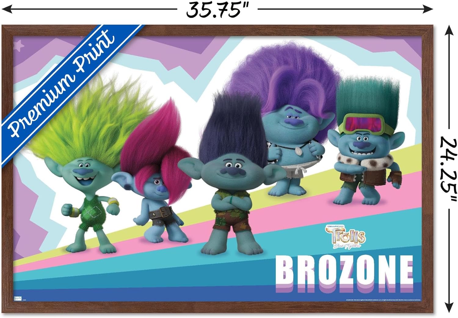 Trends International Trolls Band Together – Póster de pared de brozone, 22.37 x 34.00 pulgadas, versión enmarcada de caoba