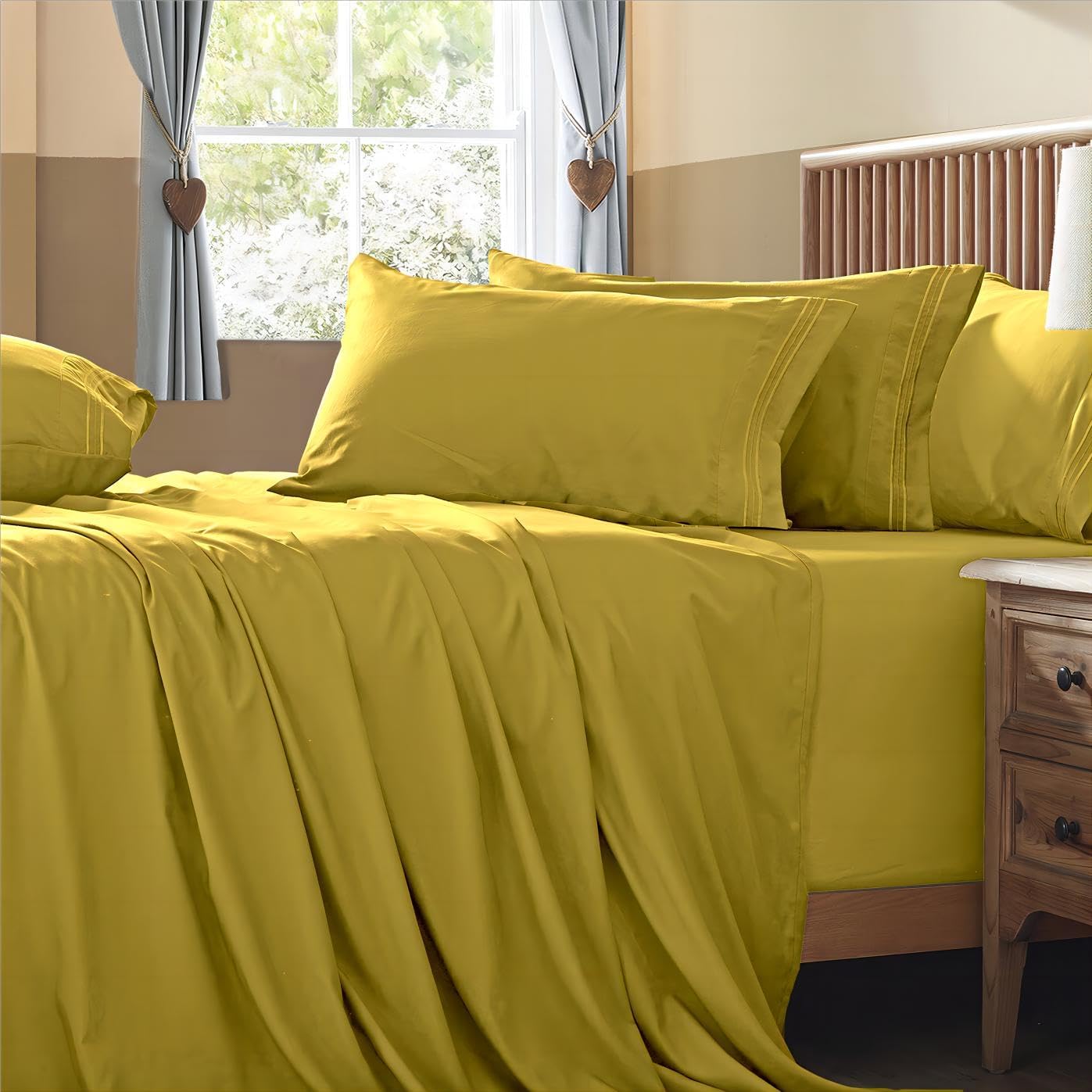 Homiest Juego de sábanas de bolsillo extra profundo, 6 piezas de sábanas suaves de color amarillo mostaza de 18 a 24 pulgadas, sábanas de microfibra