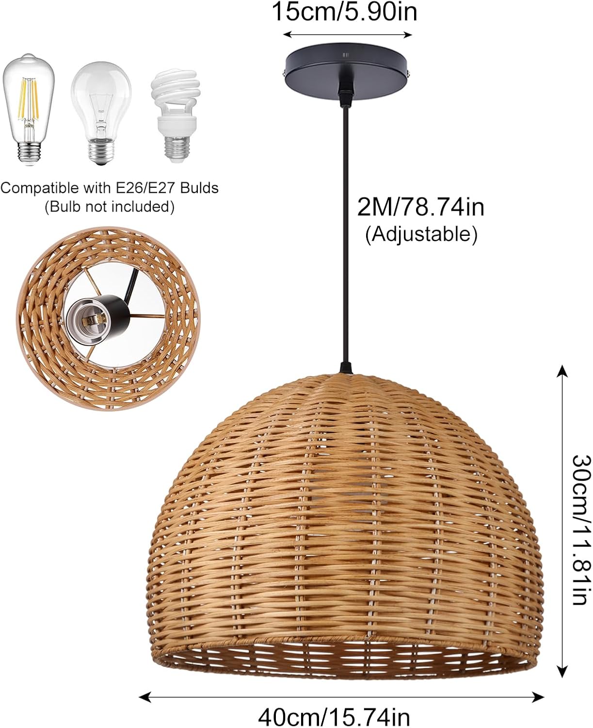 Arturesthome Lámpara colgante de ratán tejida a mano, 1 luz bohemia para colgar en el techo, lámpara costera de granja para isla de cocina, sala de