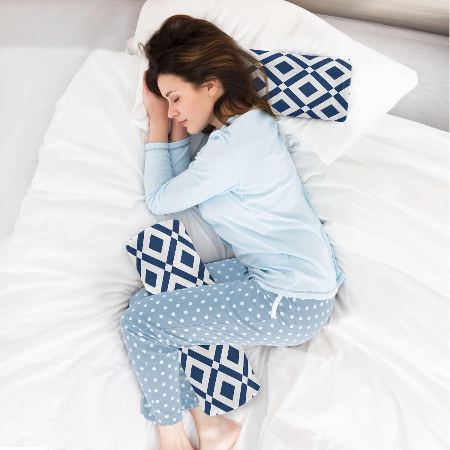 KLL Abstract Zigzag and Rhombus Blue Round Cervical Roll Bolster Pillow Neck Roll Pillow Decorative Soft Round Pillow Cylinder Neck Roll Pillow