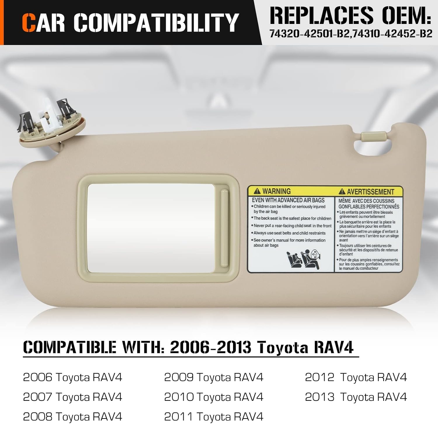 Visera solar izquierda y derecha con luz de tocador para Toyota RAV4 2006-2013, lado del conductor y pasajero, repuesto beige 74320-42501-B2