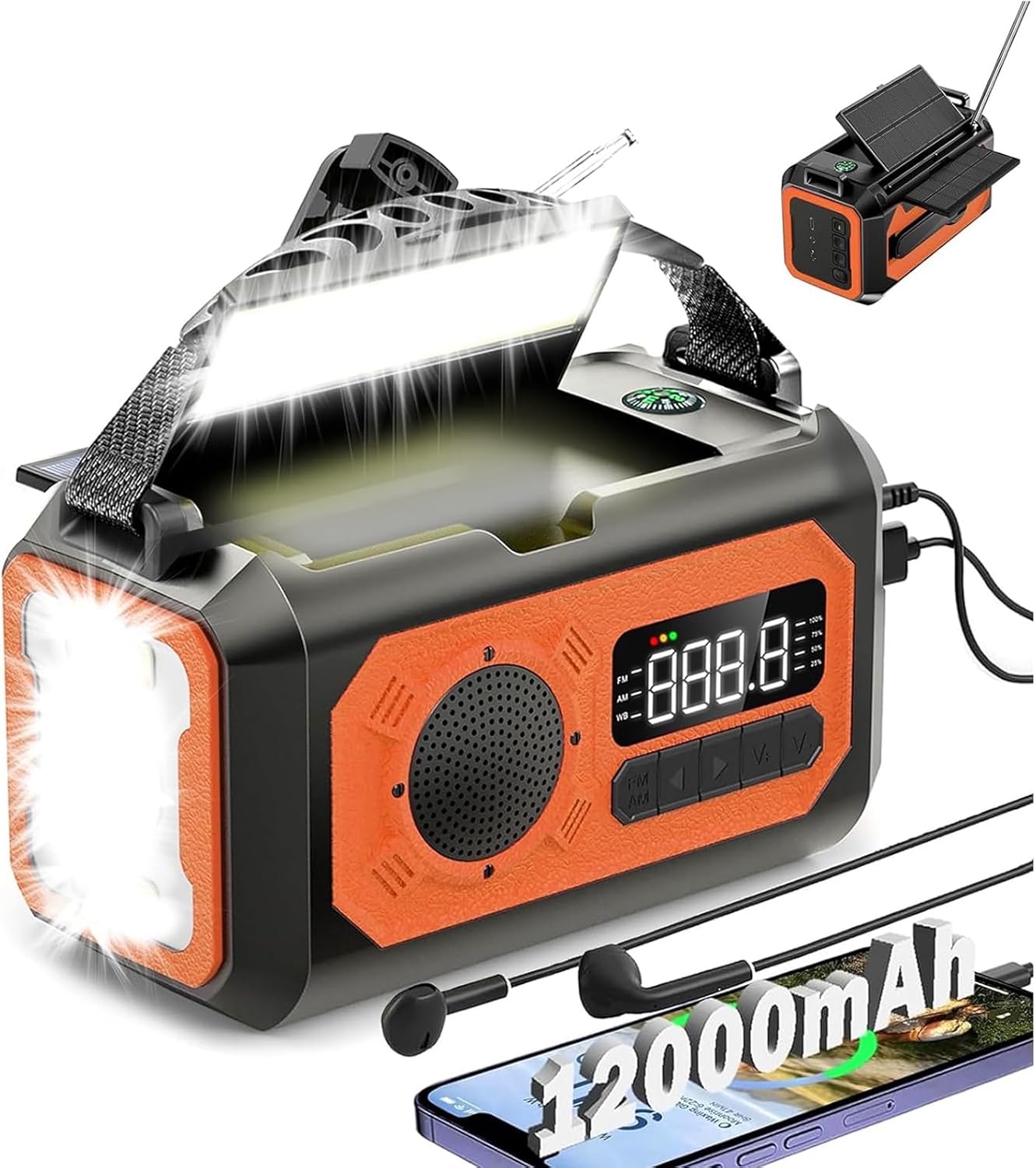 Radio de emergencia con manivela de 12000 mAh, radio meteorológica AMFMNOAA, radio de emergencia, radio solar multifuncional, 2 paneles solares,
