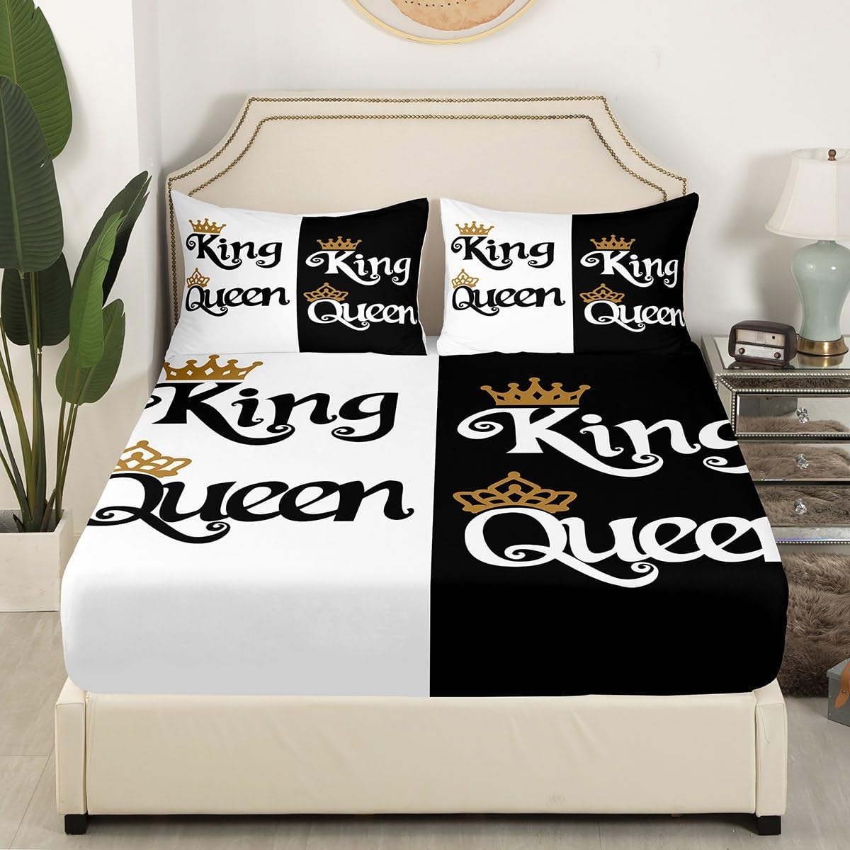 Juego de sábanas de 4 piezas con diseño de corona de dibujos animados, tamaño Queen, King, para parejas, amantes de parejas, adolescentes, mujeres,