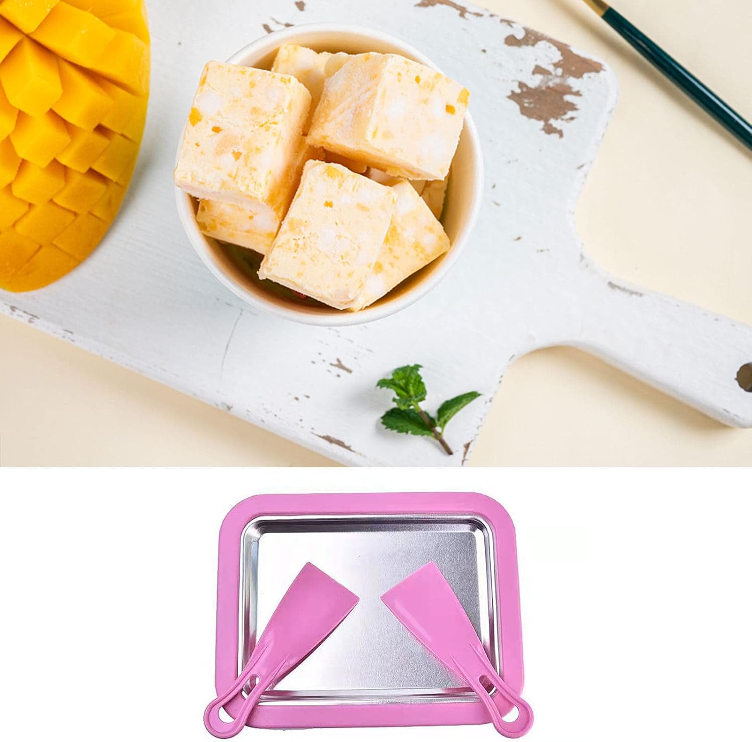 Camidy Máquina de helado enrollado, bandeja para hacer dulces, placa fría instantánea con 2 espátulas para hacer helado enrollado yogur congelado