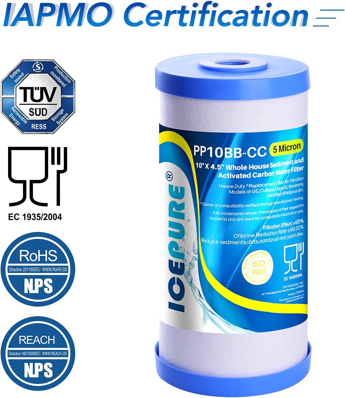 Filtro de agua para toda la casa de 10 x 4.5 pulgadas de 5 micrones compatible con GE FXHTC, GXWH40L, RFC-BBSA, W50PEHD, Whirlpool WHKF-GD25BB,