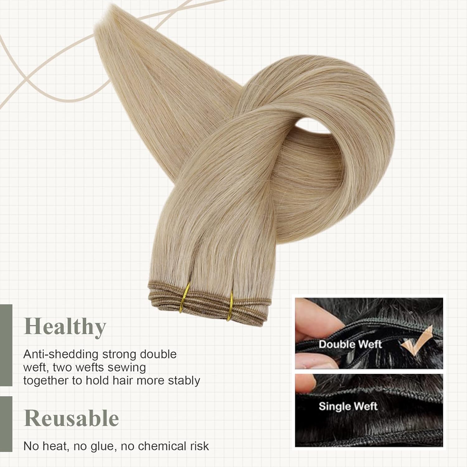 Fshine Extensiones de cabello humano de 20 pulgadas, 3.53 onzas, reflejos rubio ceniza oscuro con rubio dorado, extensiones de cabello humano real,