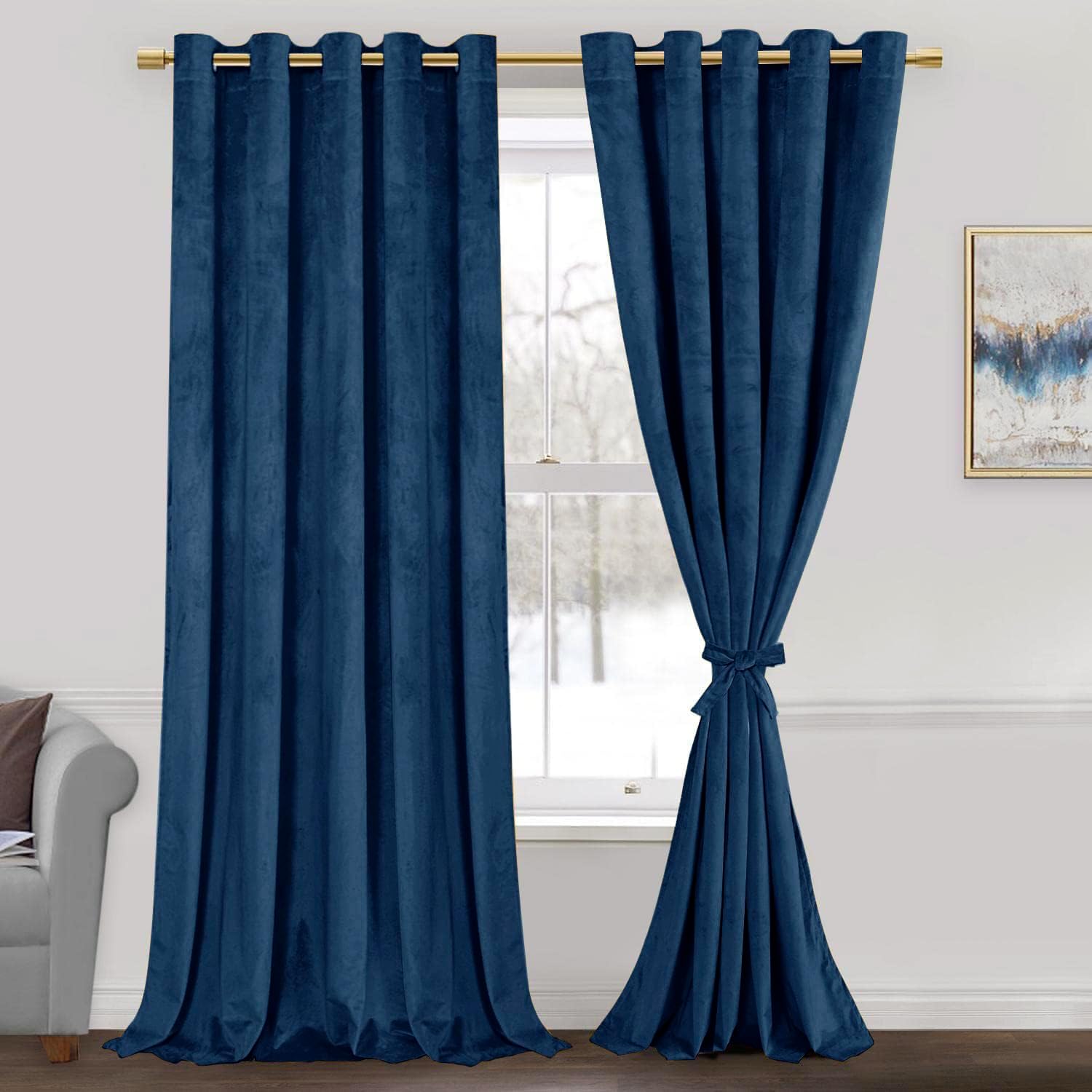 JIUZHEN Cortinas de terciopelo azul marino de 96 pulgadas de largo para sala de estar, con aislamiento térmico, para oscurecer la habitación, con